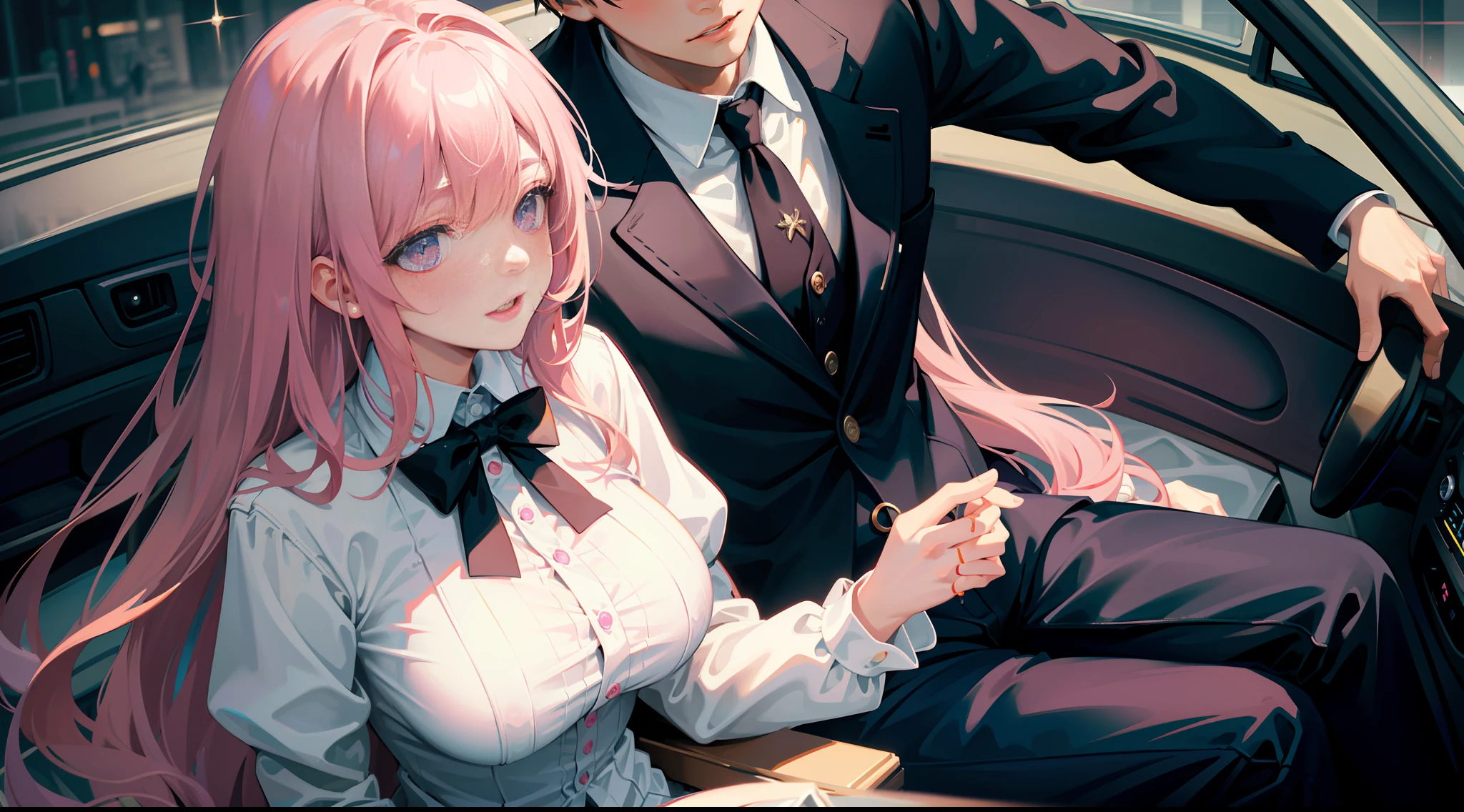Masterpiece, best quality, super detailed, illustration, beautiful detailed eyes, close up, with a boy and a girl. It is pink hair, white pleated shirt, cracked clothing buttons, leaking cleavage, breast art, skirt. The boy is black hair, black suit, black pants. Boys and girls kissing in car, heavy rain weather