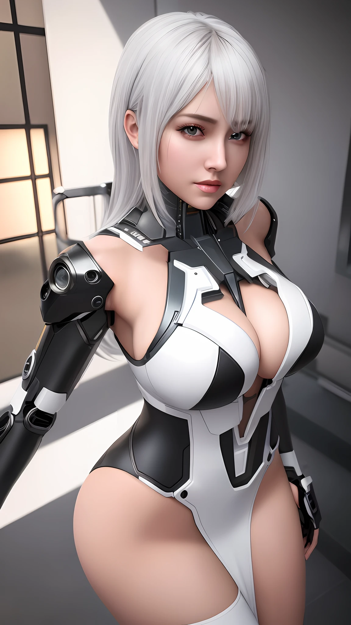 ((8k, masterpiece, best quality)), ultra-detailed, detailed beautiful round eyes, beautifully detailed face, (beautiful detailed boobs), high quality, high resolution, cyberpunk, beautiful, Reality, HDR (High Dynamic Range), Ray Tracing, Super Resolution, Unreal 5, Subsurface Scattering, PBR Textures, Post Processing, Anisotropic Filtering, Depth of Field, Maximum Clarity and Clarity, Multilayer Textures, Albedo and Specular maps, Surface shading, accurate simulation of light-material interaction, perfect proportions, Octane Render, two-tone lighting, large aperture, low ISO, white balance, rule of thirds, 8K RAW, efficient sub-pixel, sub-pixel volume product, cyborg girl wearing sexy outfit, massive breast, (see-through dress:1.2), mecha, ruins of city, plump boobs, perfect boobs, perfect face, perfect body, nighttime, sexy body, white hair, hands on, (short hair:1), (female mecha:1), (seductive), varied pose