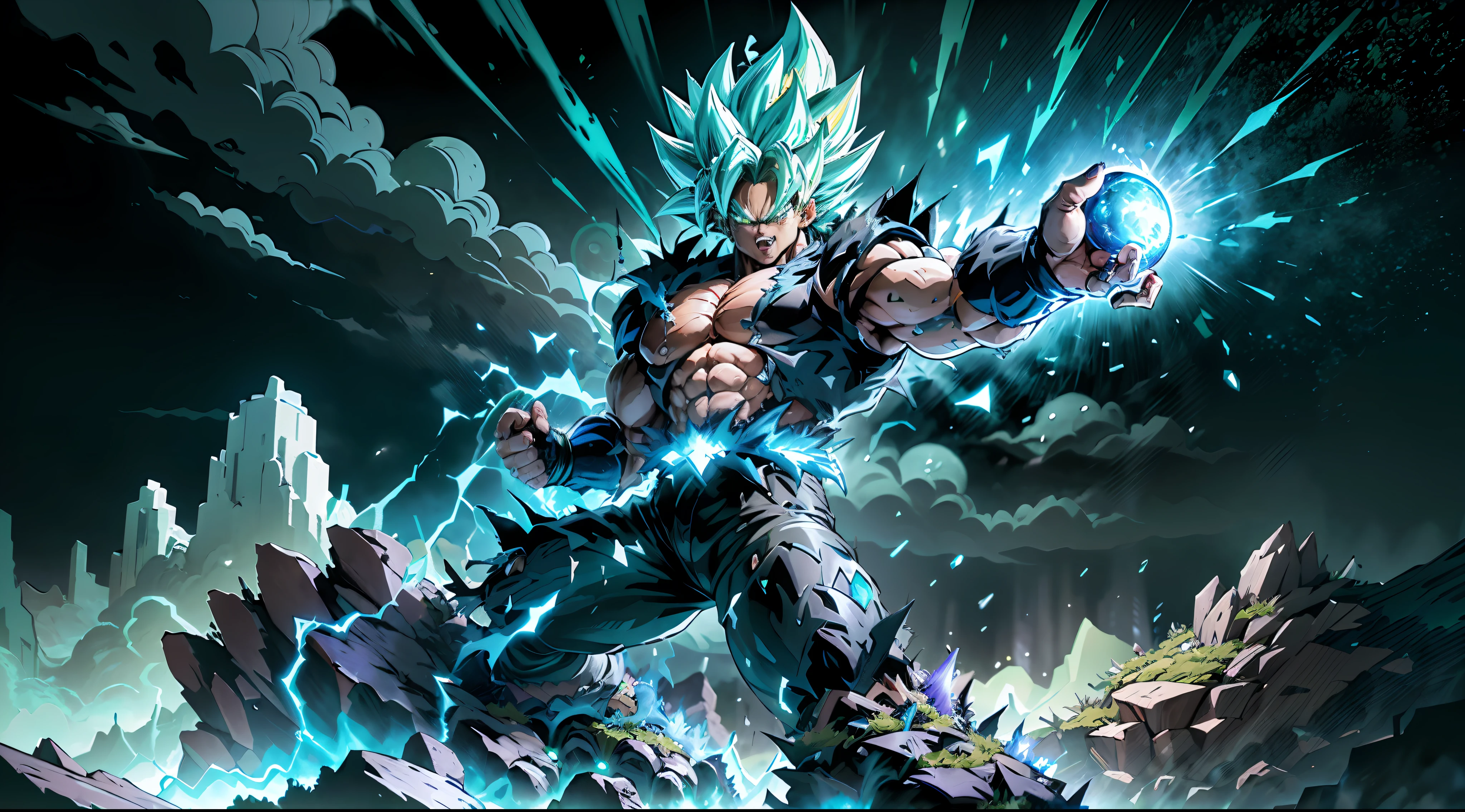 Super Saiyan Broly unleashes a colossal energy wave that shatters the ground and creates a massive shockwave. He stands on a rocky terrain with a stormy sky in the background. The energy wave is a mix of green and blue hues with a swirling pattern. (dark:1.2), (epic:1.3), (chaotic composition:1.2), (metallic:1.1), (gritty texture:1.1), (comic book:1.2), (((3D))), (((realistic))),