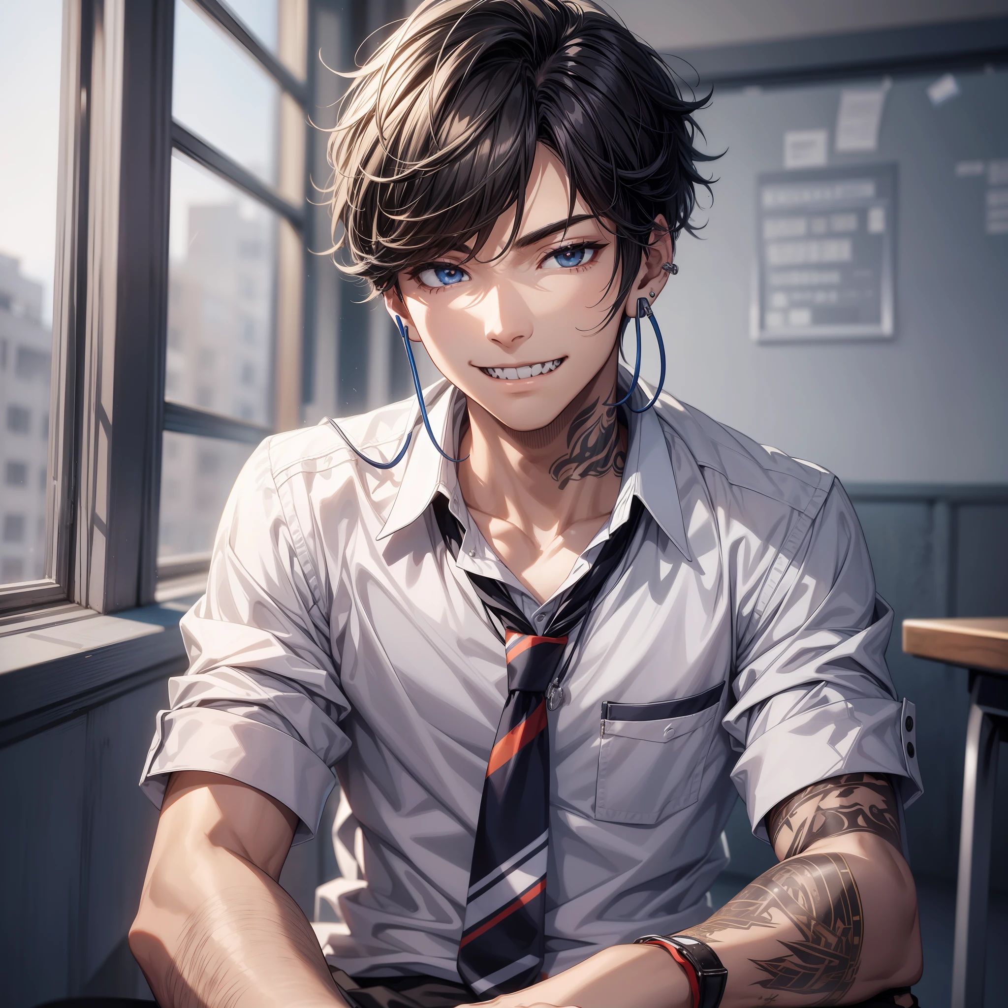 a handsome boy in school uniform, sitting in the class he smiling with his sharp teeth and he has piercing and tatto also he wearing headphone with intricate detail and complex detail