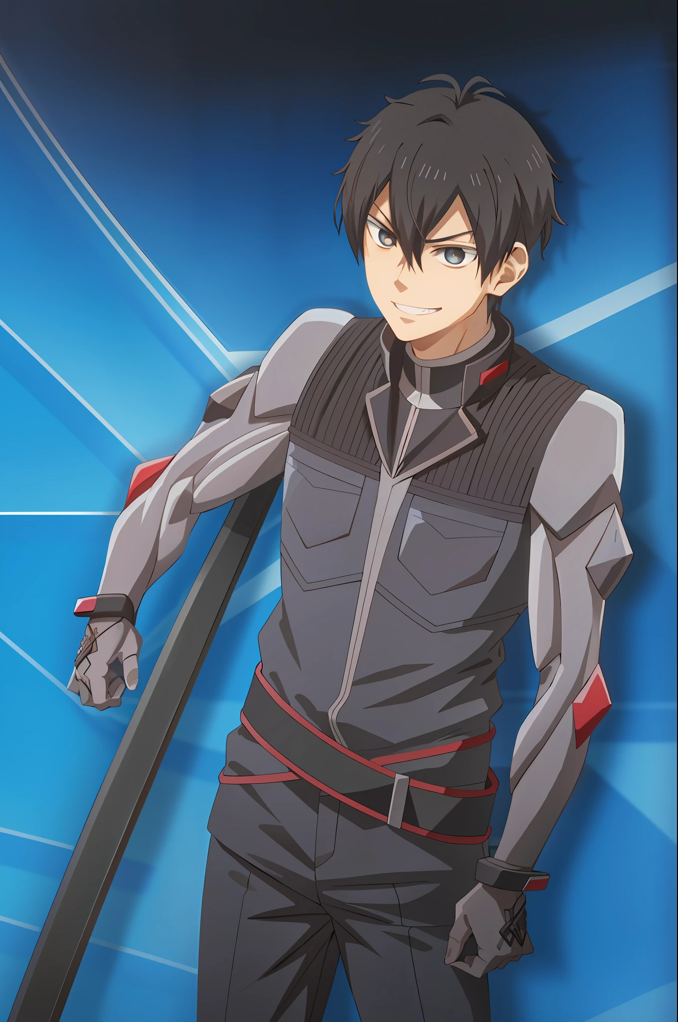 leon fou bartford\(mobseka\), solo, black eyes, looking at viewer, short hair, antenna hair, evil smile, bangs, black hair, 1boy, hair between eyes, v-shaped eyebrows, grin, male focus, pilot suit, (blue sky)