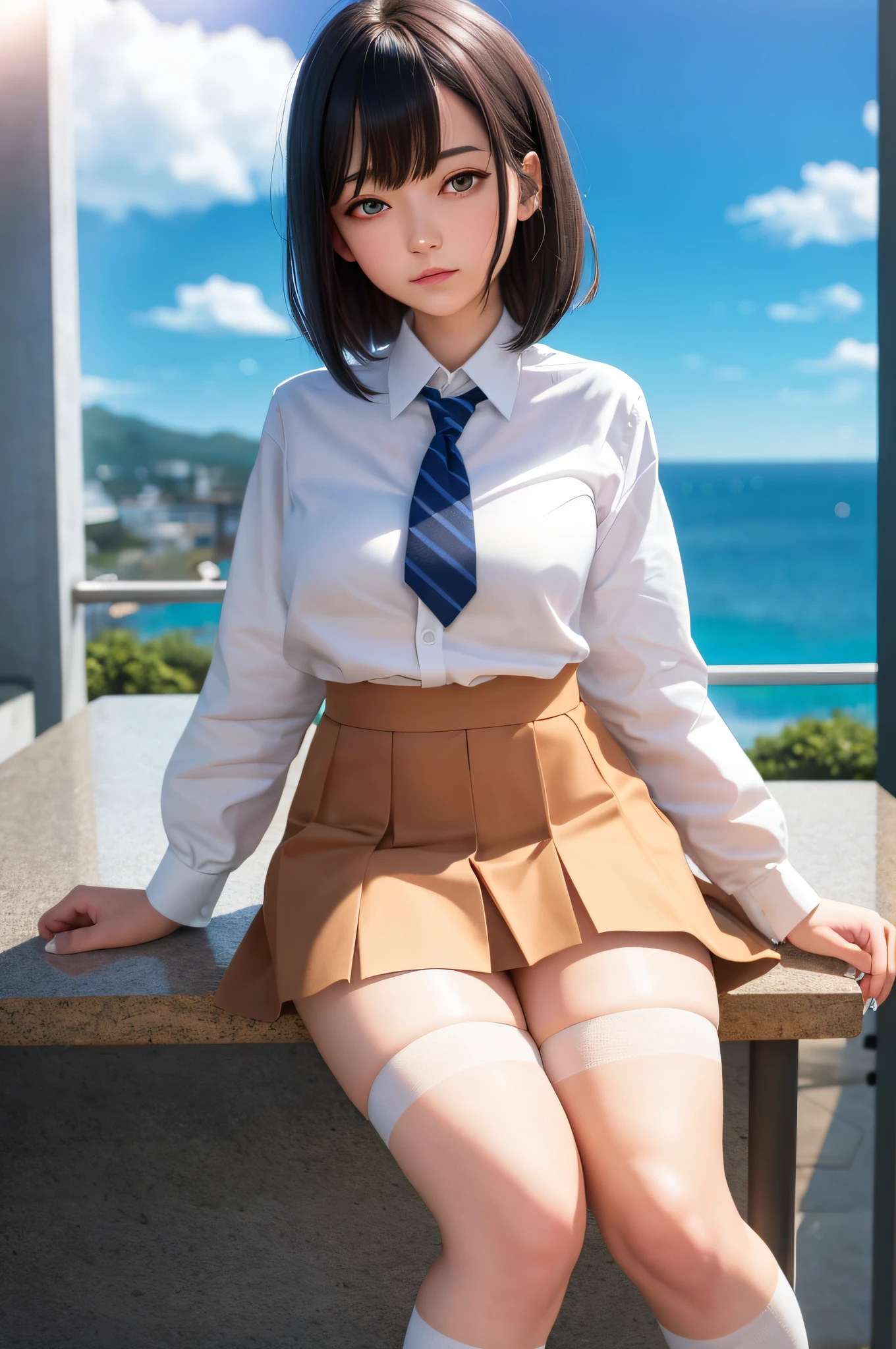 masterpiece, top quality, ultra high definition, illustration, colorful, flat color, depth of field, lens flare
1 girl, anime, sitting, black hair, watching viewer, school, classroom, pleated mini skirt, school uniform, serafuku, black pantyhose, detailed touch, detailed cloth texture, beautiful detailed face, long legs, tighten abs, (camel toe), (no panties), (without bra) ,(full body)