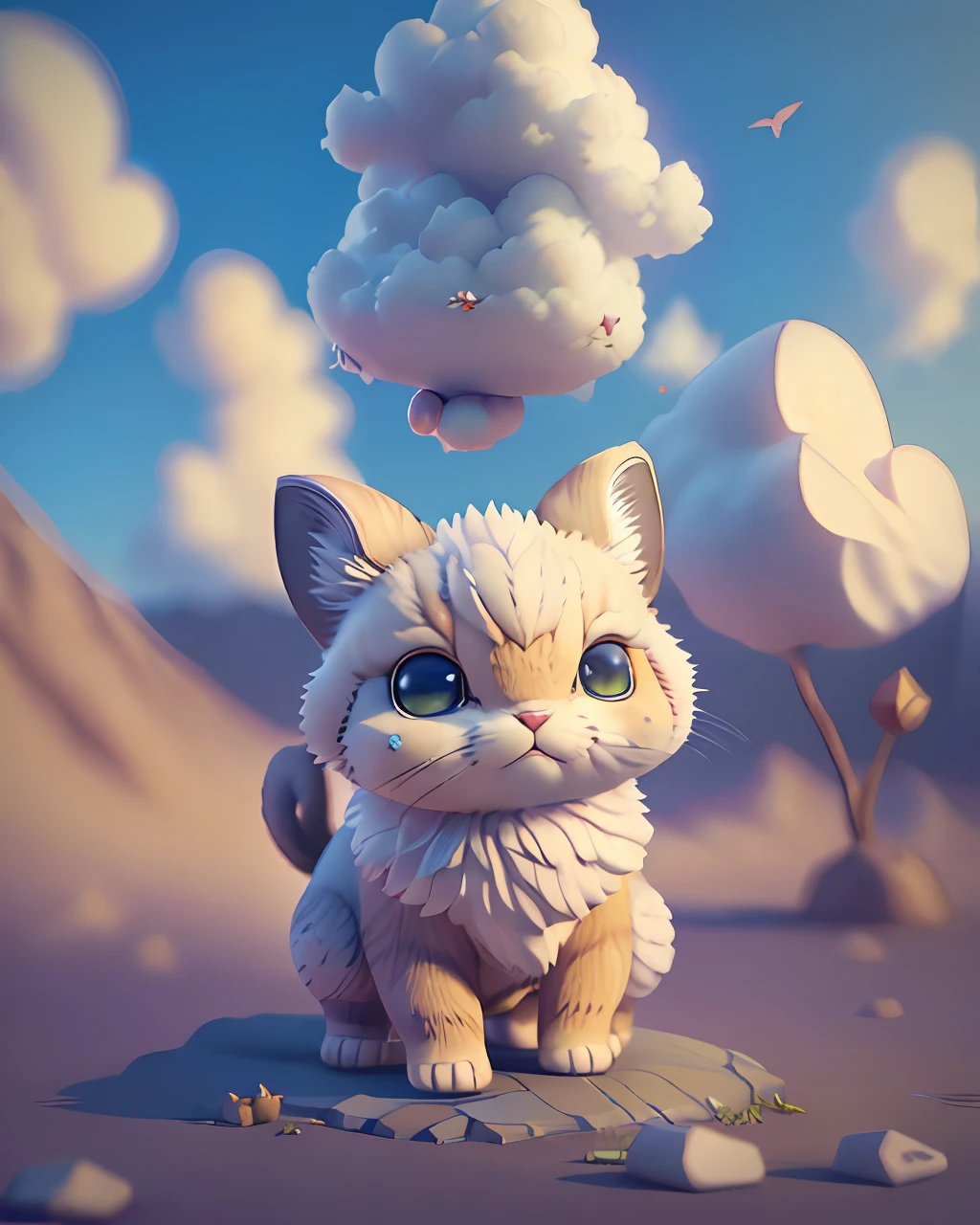 (best quality:1.33), (masterpiece:1.42), (realistic:1.24), (detailed:1.15), cute annoyed cat, tiny body, standing on a rock, cotton clouds, beautiful 3ds max render, volumetric lighting, global illumination, raytracing, detailed hyperrealism,