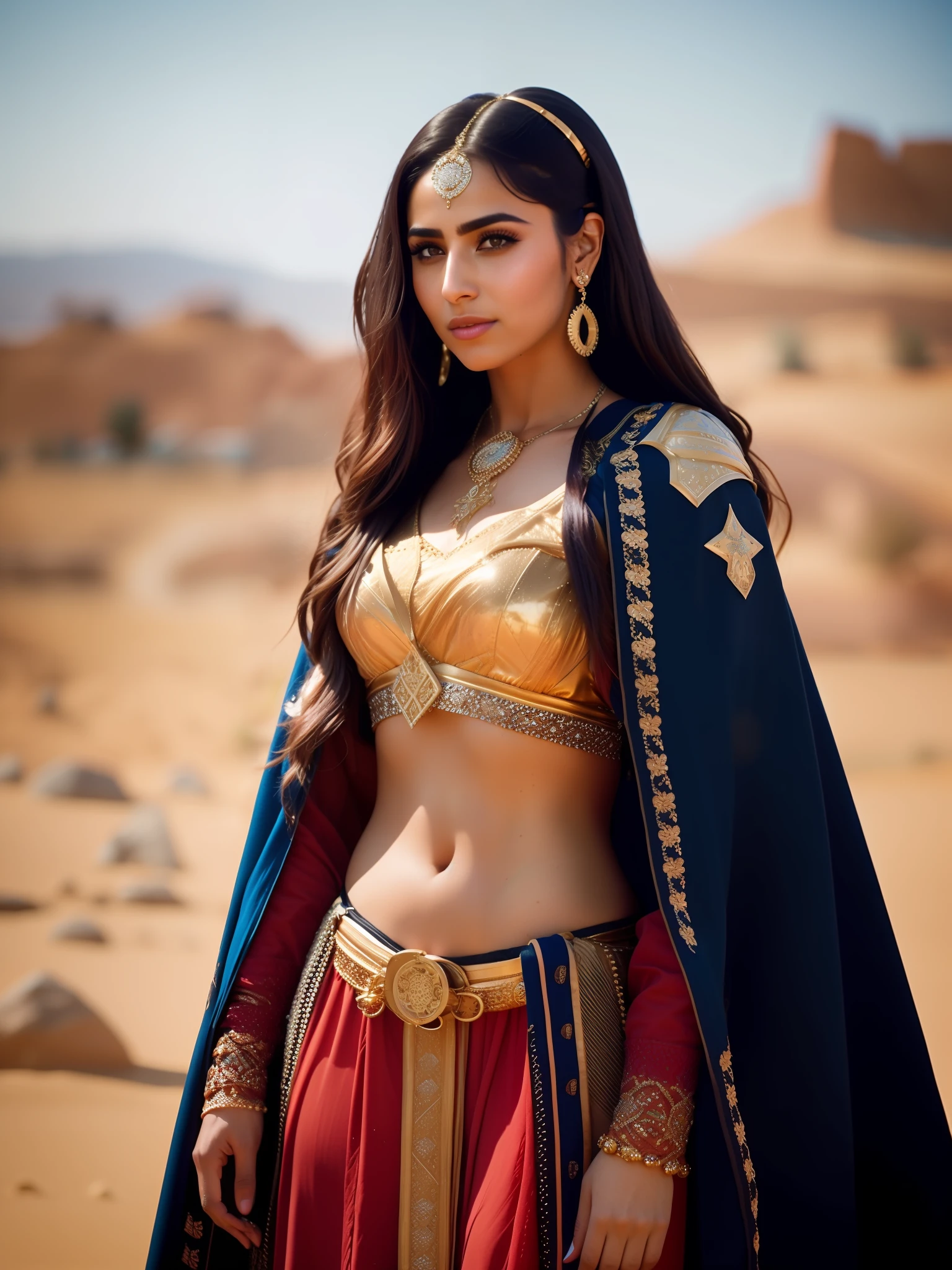 fking_scifi, fking_scifi_v2, portrait of a young, seductive, extremely beautiful and attractive Arabic woman undressing in front of afghan men, proactive pose, seductive pose, big cleavage, in front of a city in the desert, long messy hair, rich colorful clothes and golden jewelry, close up, regal pose and attitude. fking_cinema_v2. Cinematic scene