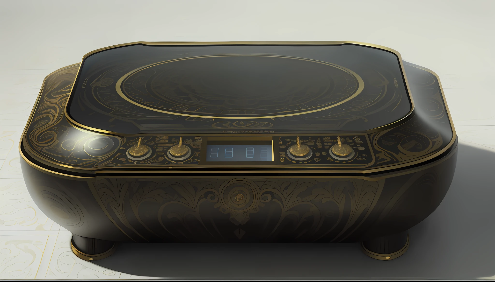 Close-up of golden electronic cooktop, ivory carving, (gold porcelain, Gzhel, Rococo: 1.0), VTM, technology, high-tech, product image, rhythm, premium, amazing high-tech, vibrant environment, vibrant and dynamic, warm, decorative, ultra hd, full body, master, high-end, timeless masterpiece, very dynamic, rodney Joseph Bourne, full body, full body