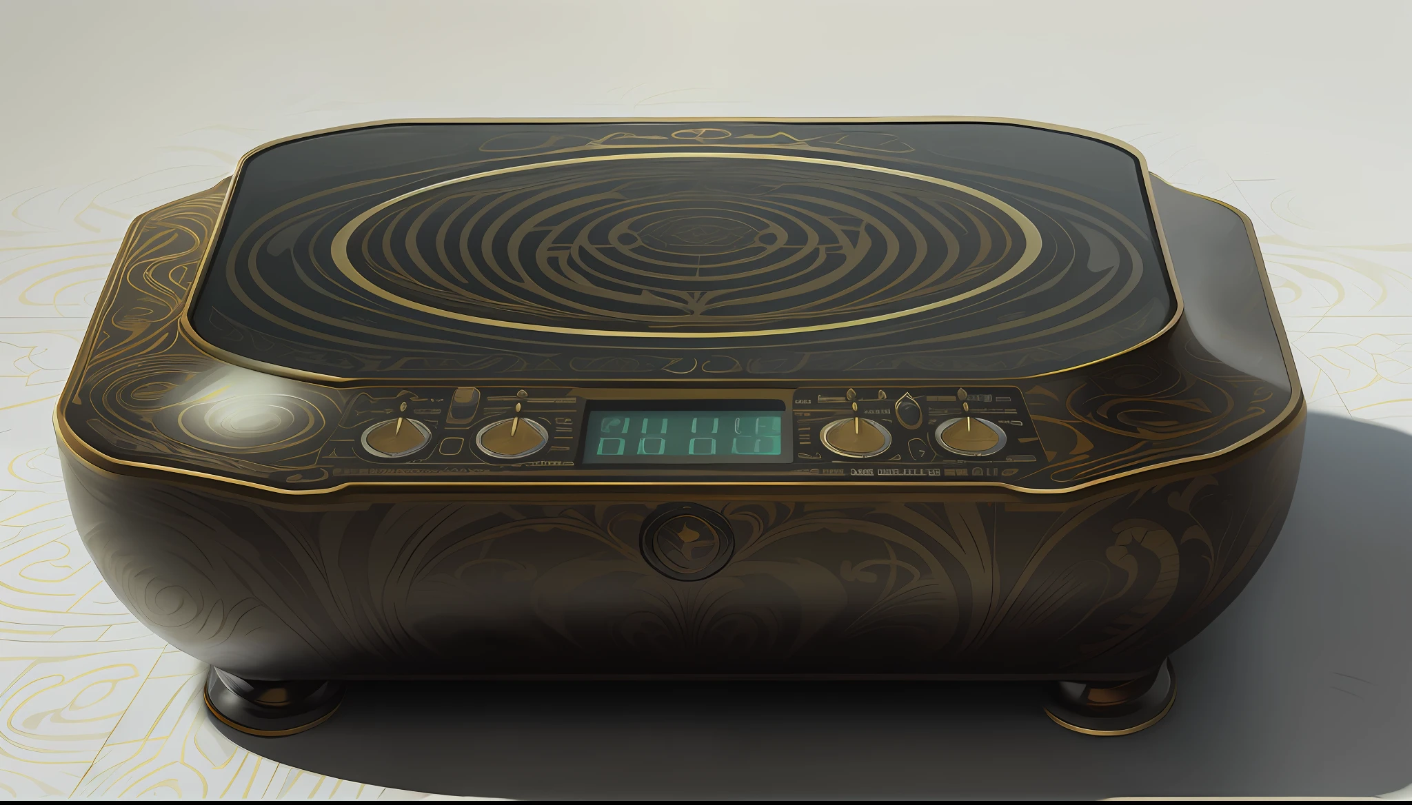 Close-up of golden electronic cooktop, ivory carving, (gold porcelain, Gzhel, Rococo: 1.0), VTM, technology, high-tech, product image, rhythm, premium, amazing high-tech, vibrant environment, vibrant and dynamic, warm, decorative, ultra hd, full body, master, high-end, timeless masterpiece, very dynamic, rodney Joseph Bourne, full body, full body