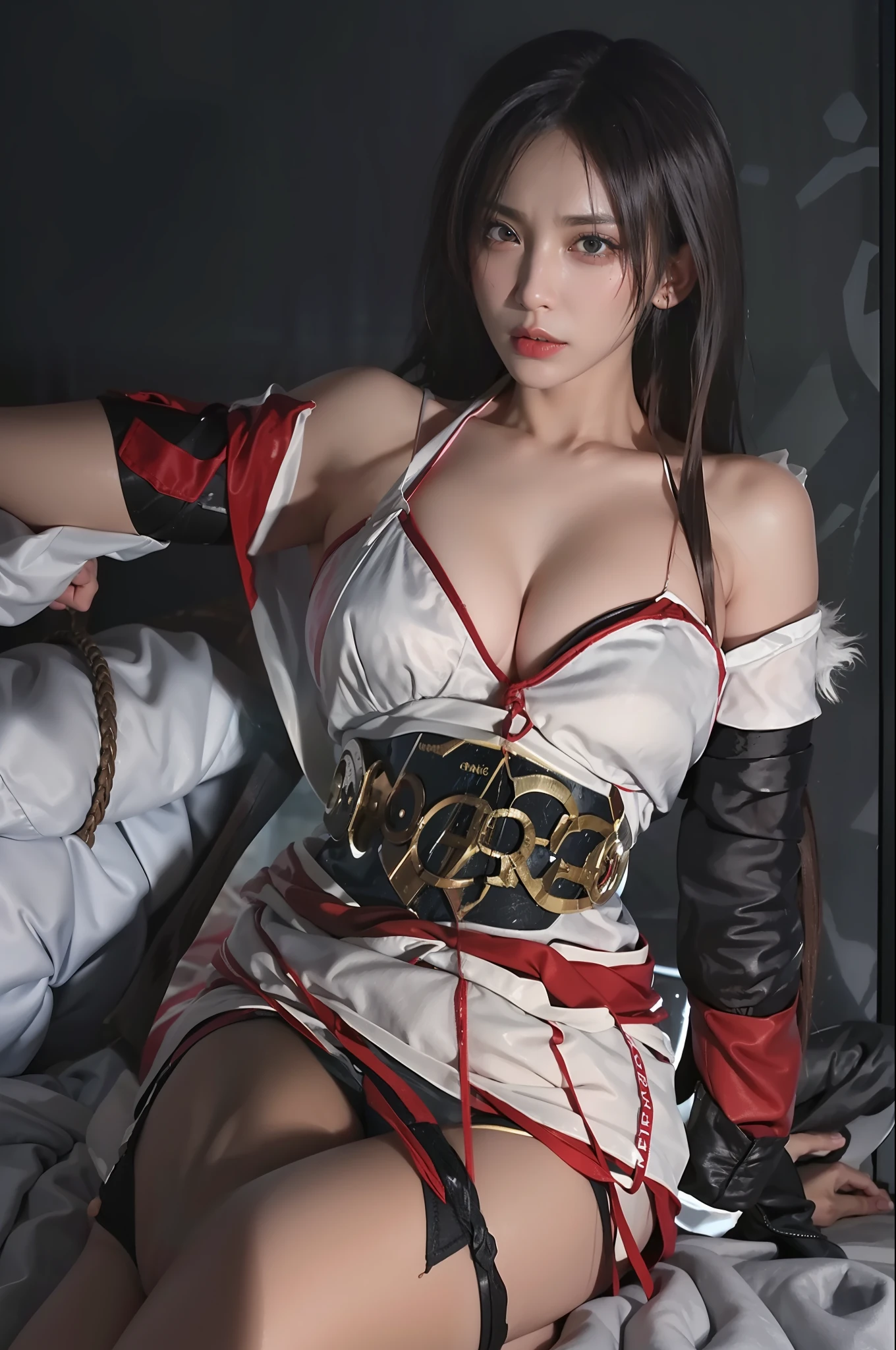 - [ ] (((wearing the torn sheer costume of the superheroine)))),((no panties, no bra)), wet crotch, wet thighs, Beautiful girl with accentuated slender abs: 1.4, (((The tip is protruding, the areola is protruding, the shape of the pubic area is clearly visible))), Six-pack abs: 1.4, bust Botox, big, perfect body, photo, Sharpness, unique 850 4, koda850 k portrait camera, f1.6 lens, ultra-realistic textures, spectacular light textures, Cinestil 800 fashion mechanics, (futuristic sci-fi battle fashion, elbow and knee cyberpad, cyber long boots, cyber glove: 1.1), ( Completely tied with chains)))), restraints, slaves, collars, contempt, (((tears flow, hurt, cry with pain)), sweating, ((((wide prison with sunlight)))), dark fantasy, peeling ceilings, broken slabs, rebar between cracks, realistic material details, extreme details, ultra-realistic materials, broken walls, (((torn costume))), wet, cloudy, ((( ( The noose is digging into the crotch, the hands are tied behind the back, the invisible hands)), (no pan no bra))), costume torn to shreds, broken golden shield and combat spear lying around, long combat boots with white knee pads, long white gloves, combat shoulder armor, junkyard, raining blood, guro, blood on face, blood splatter, realistic,