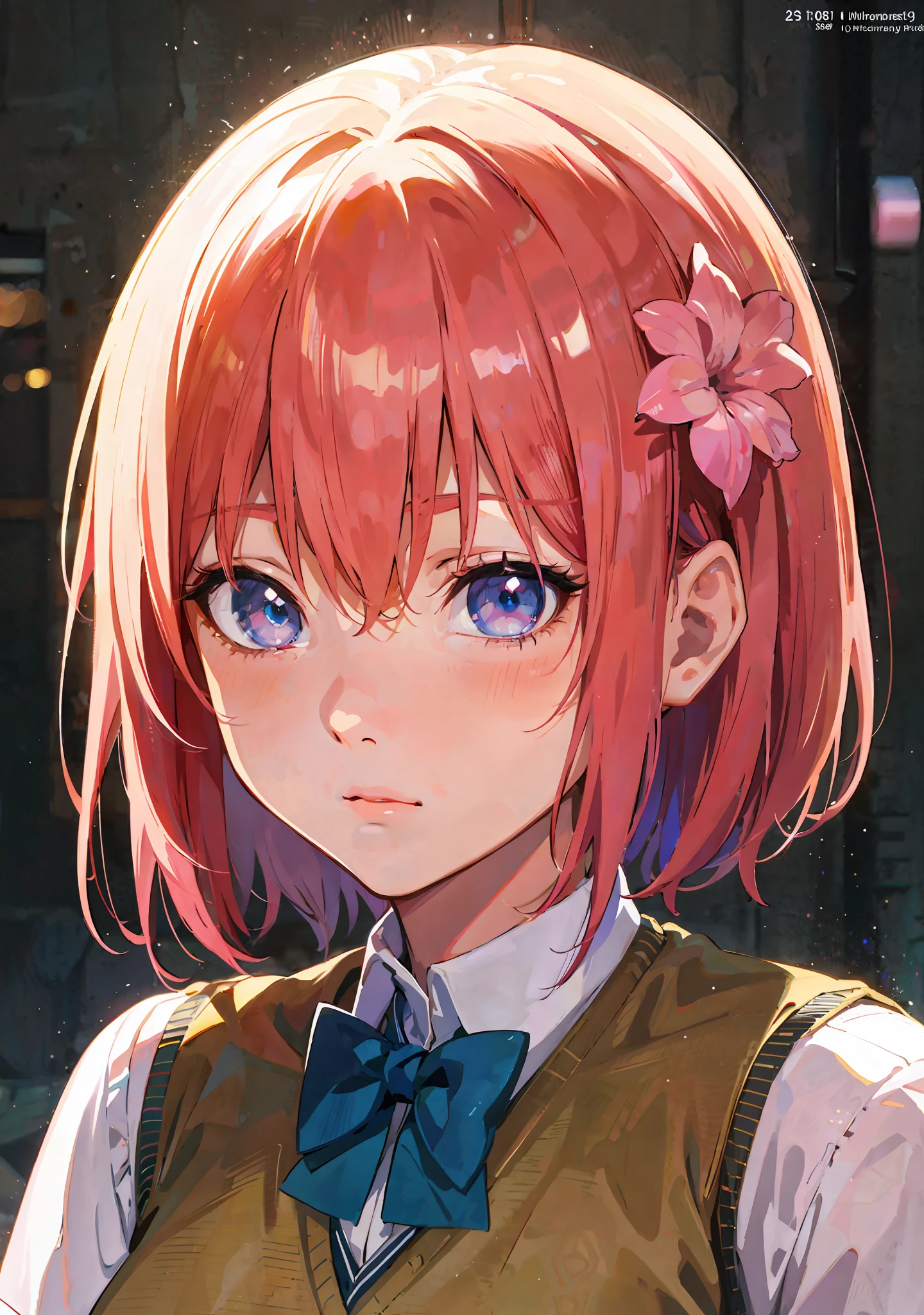anime girl with pink hair and blue eyes wearing a vest, render of april, sayori, close up iwakura lain, 8k portrait render, render of a cute 3d anime girl, photorealistic anime girl render, smooth anime cg art, close up of a young anime girl, anime visual of a cute girl, rin, anime moe artstyle