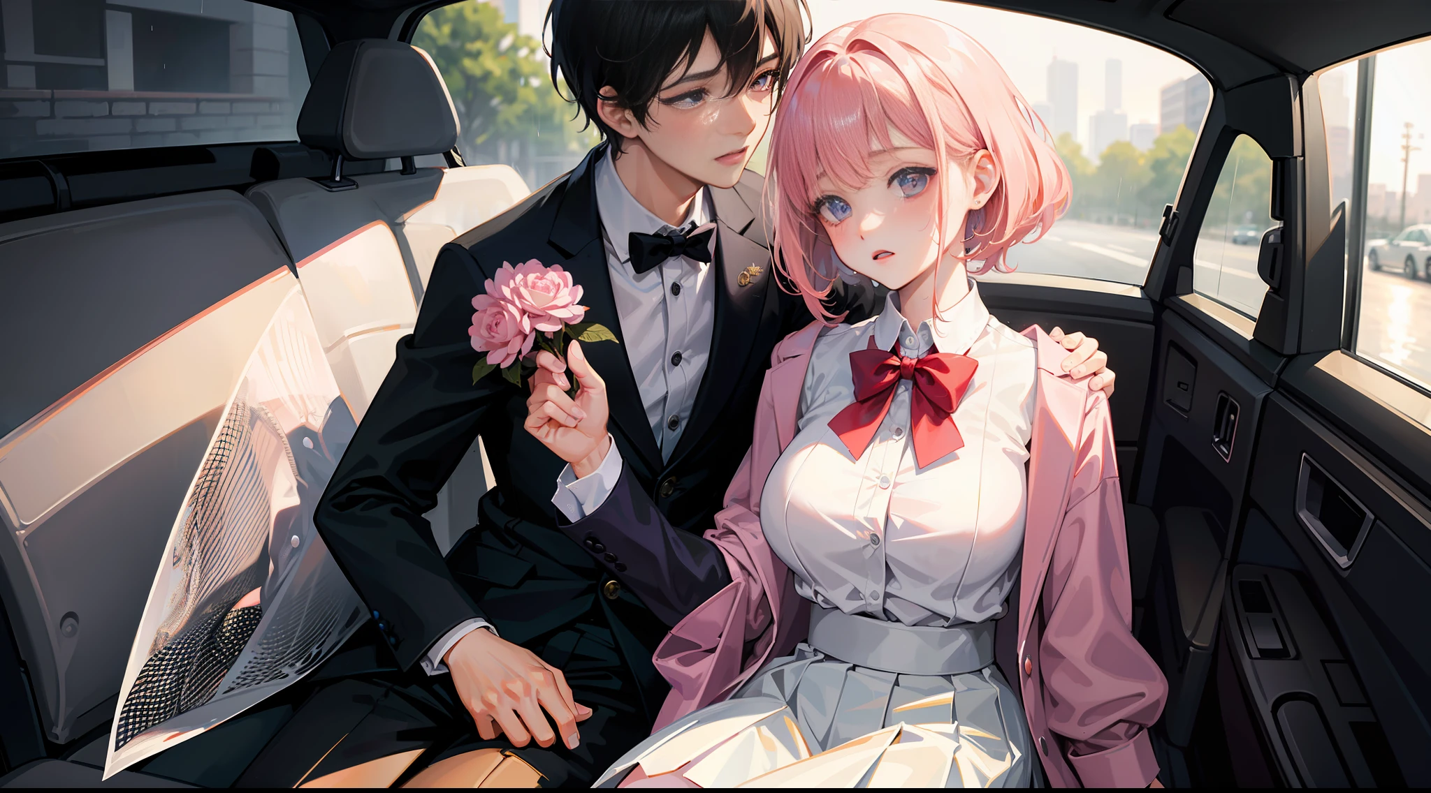 Masterpiece, best quality, super detailed, illustration, beautiful detailed eyes, close up, with a boy and a girl. It is pink hair, white pleated shirt, cracked clothing buttons, leaking cleavage, breast art, skirt. The boy is black hair, black suit, black pants. Boys and girls kissing in car, heavy rain weather