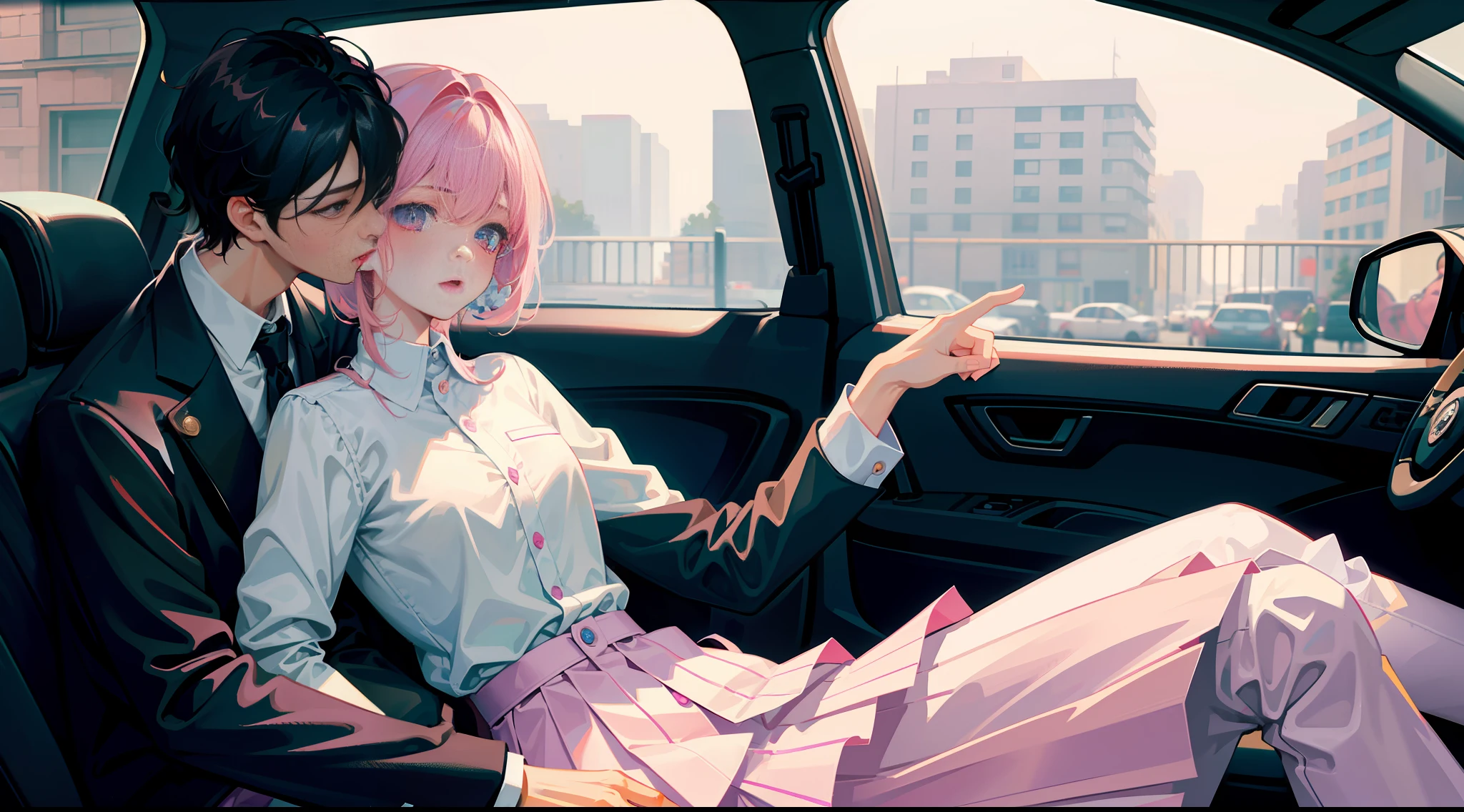 Masterpiece, best quality, super detailed, illustrations, beautiful detail eyes, close up, with a boy and a girl. It was pink hair, white pleated shirt, cracked buttons on the chest, skirt. The boy is black hair, black suit, black pants. Boy and girl hugging in car, hot kiss, rainy weather