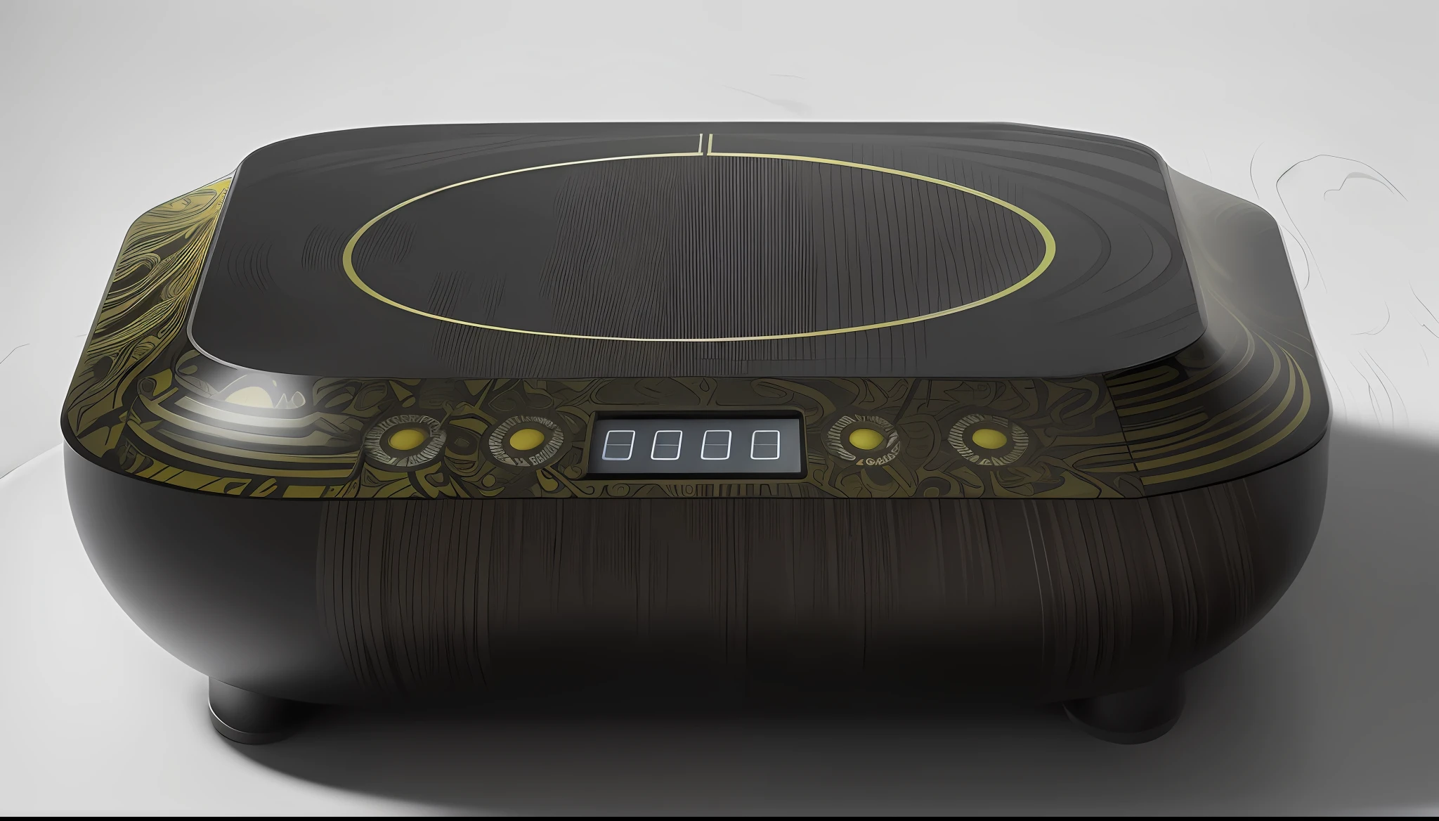 Close-up of yellow electronic cooktop, (Yellow porcelain, Gzhel, Rococo: 1.0), VTM, technology, high tech, product image, rhythm, premium, amazing high technology, vibrant environment, vibrant and dynamic, warm, decorative, ultra hd, full body, master, high-end, timeless masterpiece, very dynamic, Rodney Joseph Bourne, full body, full body