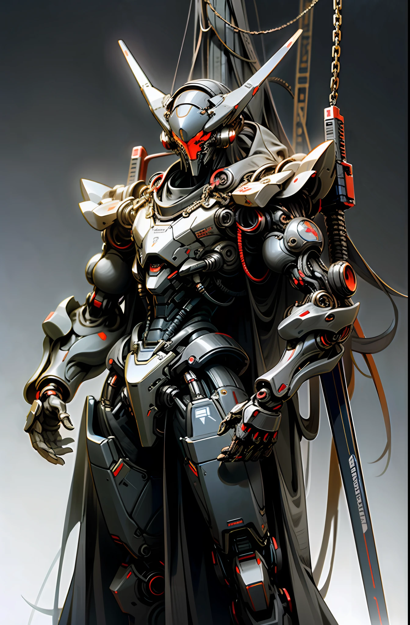 Dark_Fantasy,Cyberpunk,(chain weapon, chain man,Red:1.1),1man,Mechanical,Robotic presence,Cybernetic guardian,