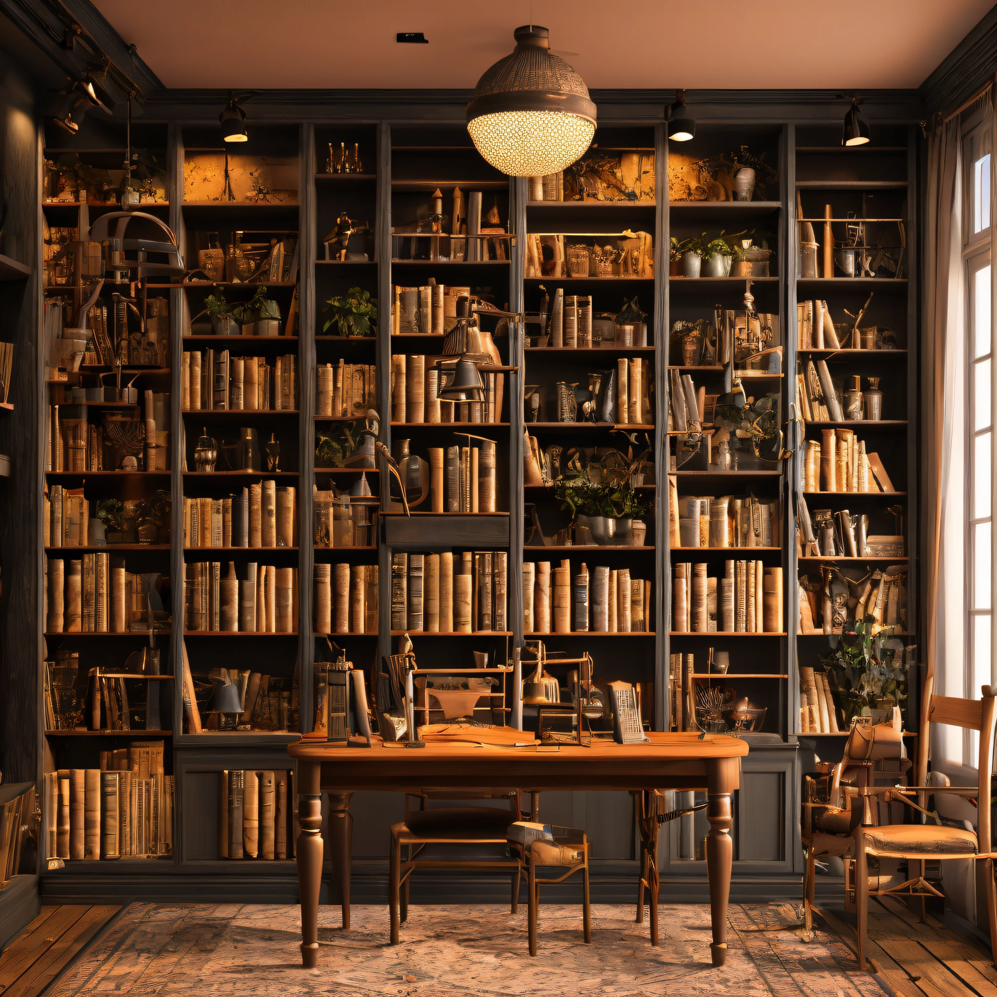 3d render of a vintage, cozy interior lighting, artstation, ultra detailed, cinematic, daz, hyper realistic, octane, It is a real bookstore with bookshelves and windows at night. Artwork table decoration with handmade realistic dollhouse, 3DMDT1