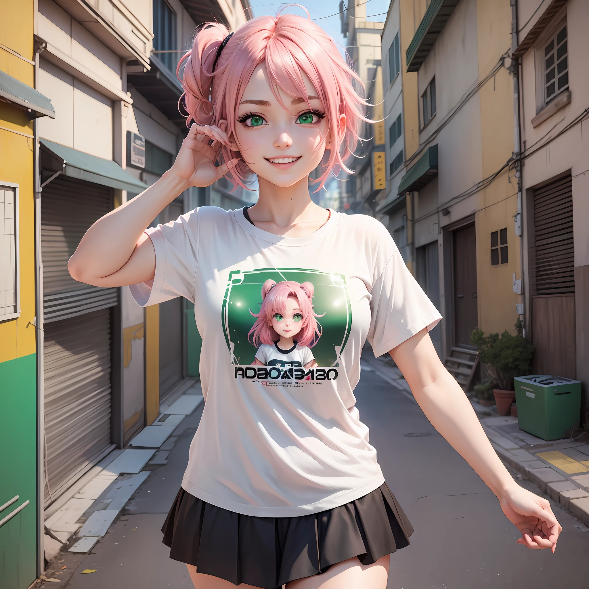 Incredibly beautiful girl, cute, realistic anime style, pink hair, green eyes, short white t-shirt, short black skirt, realistic background, high definition textures, Xbox logo t-shirt, waving to viewer, smiling --auto --s2