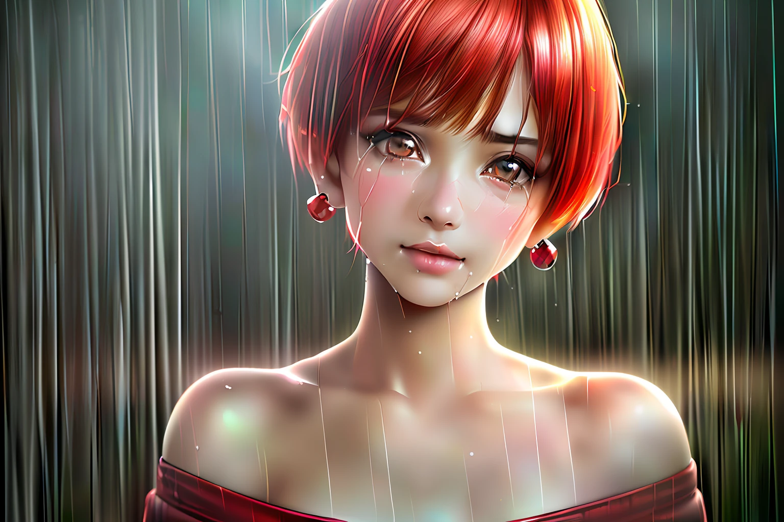 8k,(RAW photo),(best quality), (photo-realistic:1.4),realistic skin texture 1girl,Cute,Double eyelid, bangs, red bob cut, highlight red hair, full body,petite,Thin,(figure),slim,smile, earrings, looking at viewer,face focus, crying in the rain,depth of field,