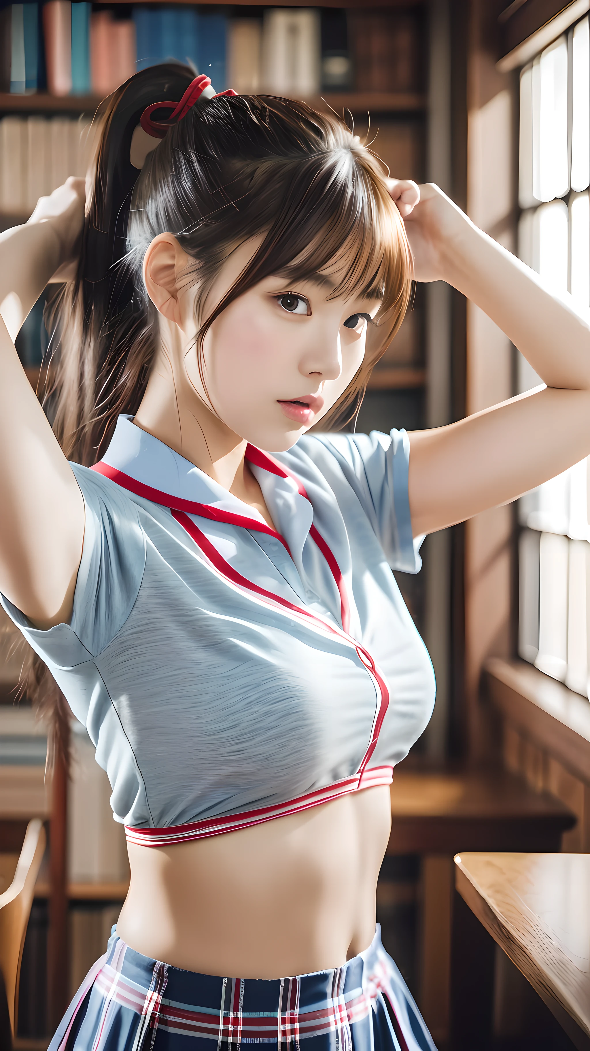 A 21-y-o Japanese woman is tieing her hair, ponytail, red string, goddess body size, wearing school uniform, library background, ultra detailed background, 1 girl, best quality, dynamic angle, natural light, wallpaper, ultra detailed body, hyperrealistic illustration, (realistic:1.5), extremely detailed photo, 8k, highres, masterpiece