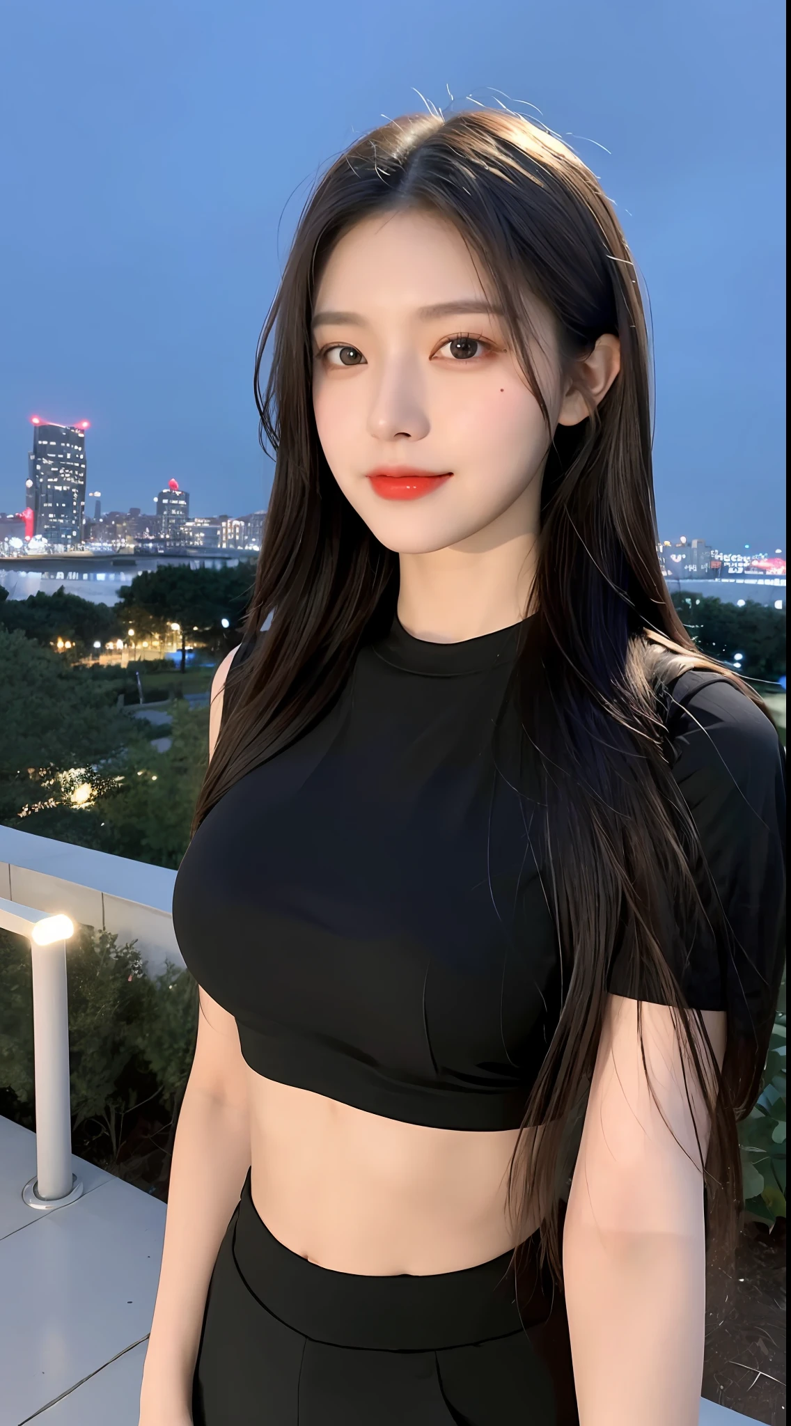 20 years old, pure beauty, danfeng eyes, double eyelids, lying silkworm, long eyelashes, black eyes, deep black hair, graceful body, showing slender waist, short skirt, face highlight, smile, look at me, bust photo, background, city night scene, Tyndall light, filter rendering, ultra-fine, HD, HD, HD picture quality, detail, 18k ultra-HD resolution, top effect, master work, bust photo.