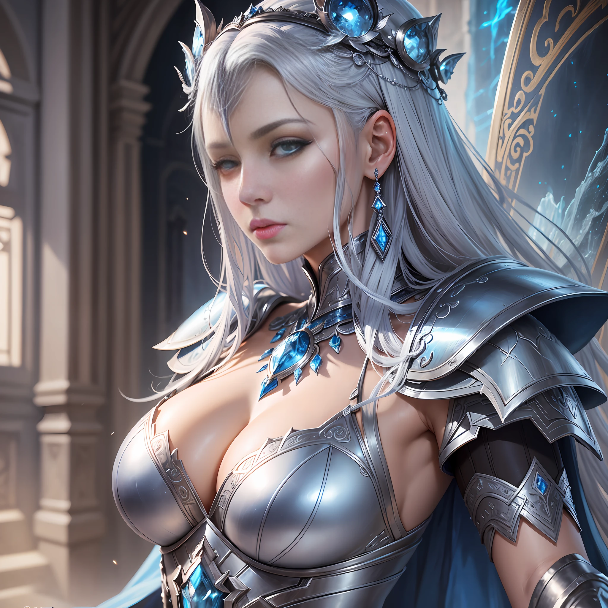 Close-up of a woman, a woman in a woman's silver and blue dress, detailed fantasy art, amazing character art, fanart's best art station, epic exquisite character art, beautiful armor, extremely detailed art buds, detailed numbers, armor girl, front, ceramic delicate skin --auto --s2