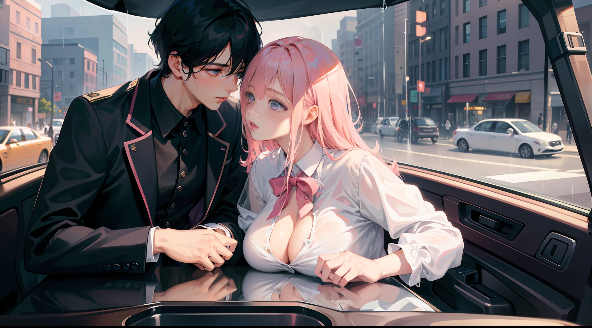 Masterpiece, best quality, super detailed, illustration, beautiful detailed eyes, close up, with a boy and a girl. It is pink hair, white pleated shirt, cracked clothing buttons, leaking cleavage, breast art, skirt. The boy is black hair, black suit, black pants. Boys and girls kissing in car, heavy rain weather