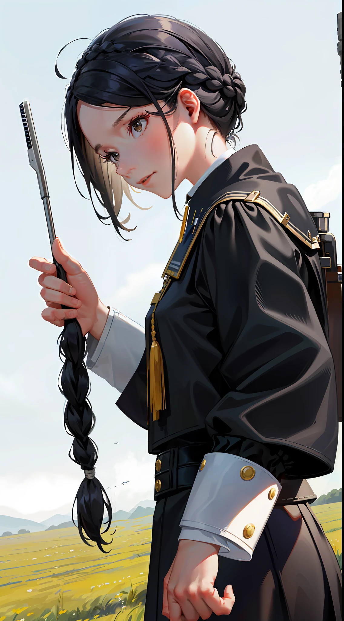 Movie Poster,((Braid Hairstyle: 1.5)),Science Fiction,Sci-Fi,Sci-Fi Action Movies,Front View,Insidious Facial Expressions,Women,(Adult),(34 Years old: 1.4),One-Sided Braided Hairstyle,Black Hairstyle,Black Eyes,(Based on University Professor's Uniform 1948:1.6), missile at the rear, (overhanging in the middle of a wide open meadow with a breeze blowing)