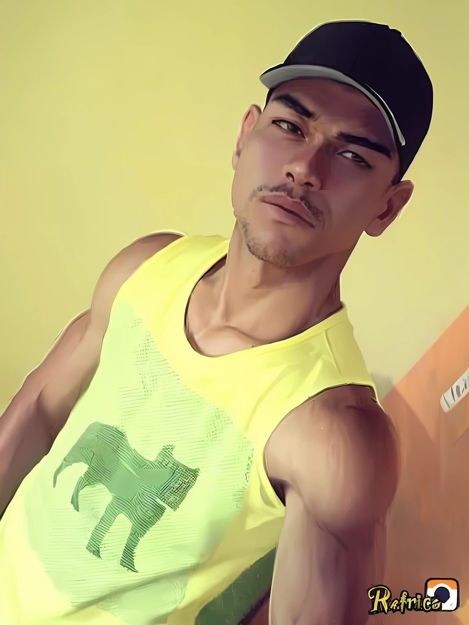 (best quality, masterpiece), 1boy, black cap, anime style GTA San Andreas, yellow T-shirt, looking at the viewer, upper body, araki hirohiko \(style\), standing pose., anime style.