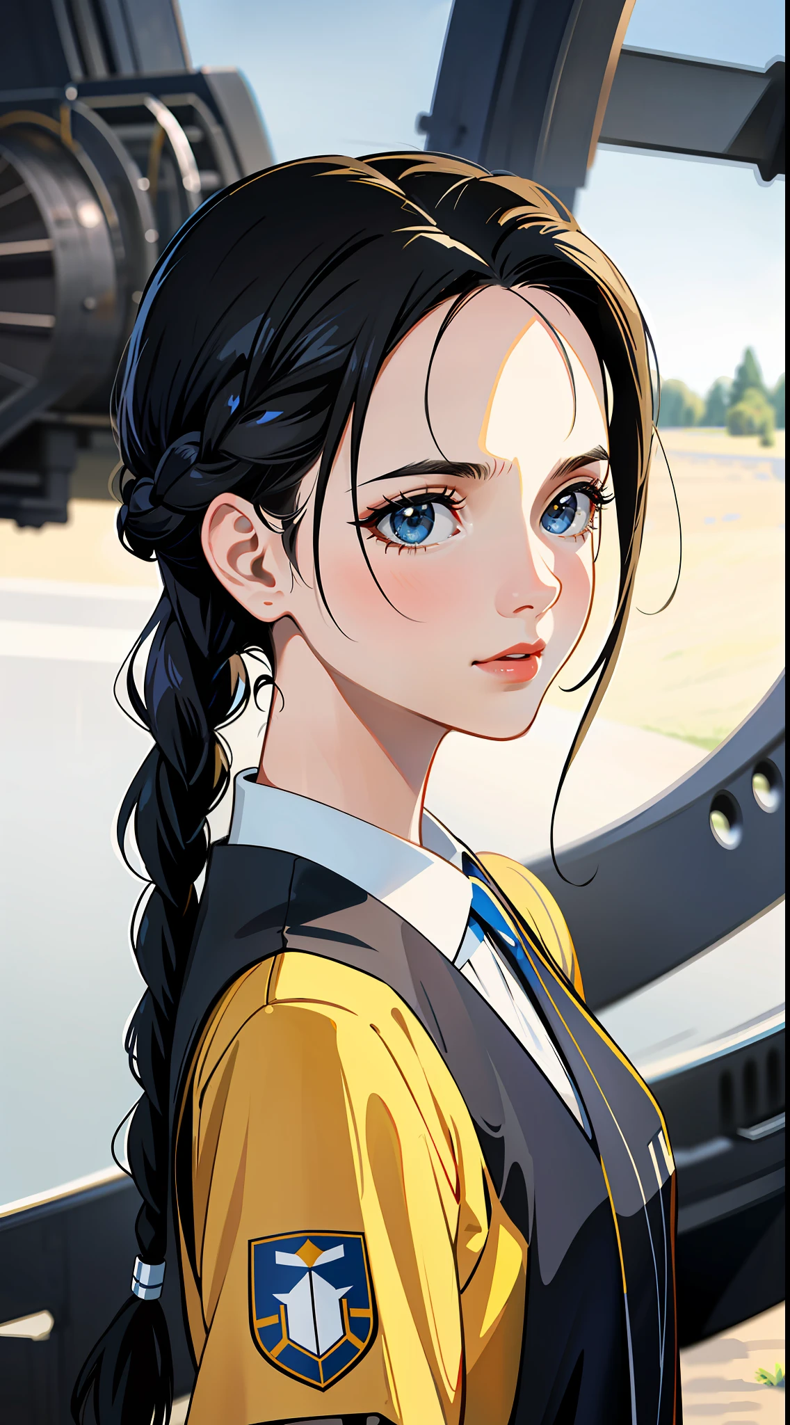 Movie Poster,((Braid Hairstyle: 1.5)),Science Fiction,Sci-Fi,Sci-Fi Action Movies,Front View,Insidious Facial Expressions,Women,(Adult),(34 Years old: 1.4),One-Sided Braided Hairstyle,Black Hairstyle,Black Eyes,(Based on University Professor's Uniform 1948:1.6), missile at the rear, (overhanging in the middle of a wide open meadow with a breeze blowing)