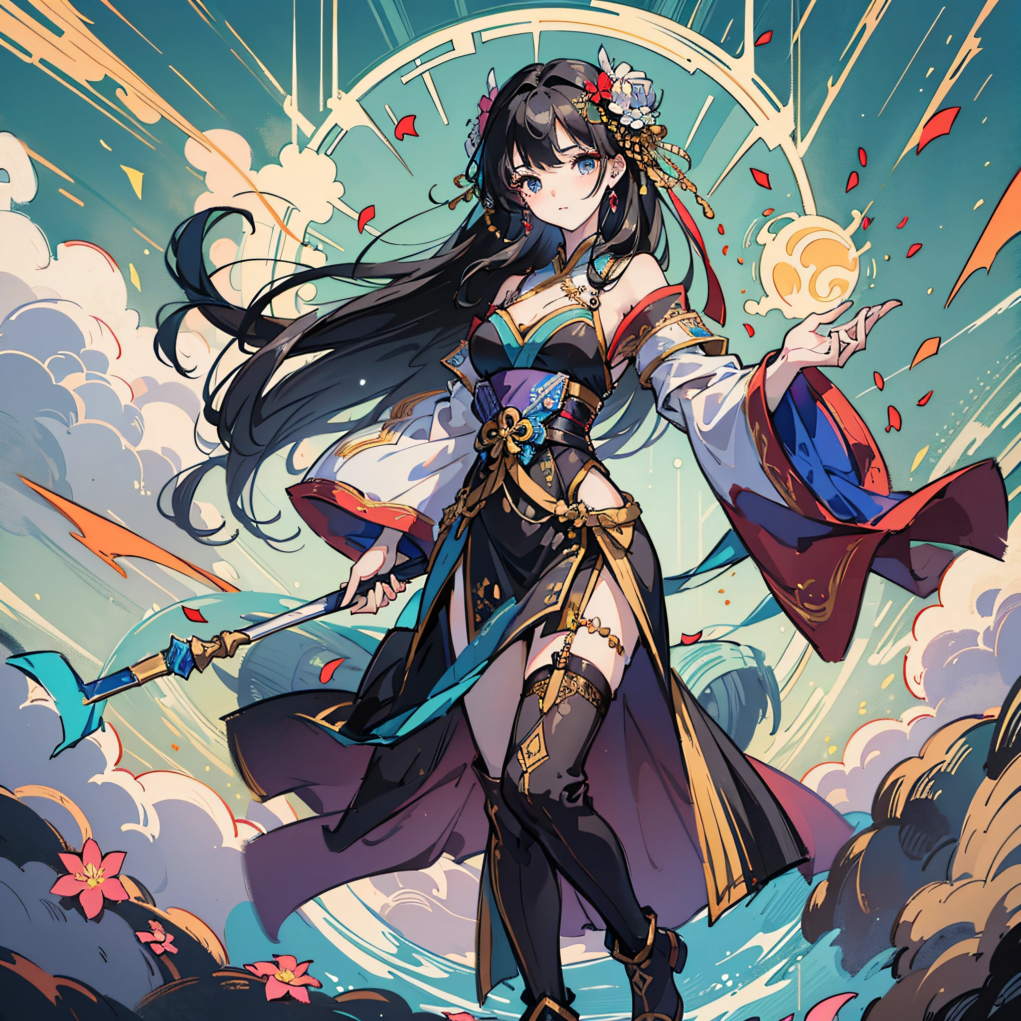 8K, Best Quality, Masterpiece: 1.2, AR 9:16, A Beautiful Girl, Dressed in Han Costume, Flowing Costume, Full Body Portrait, Black Hair, Wearing Hair Flowers, Slightly Flying Hair, No Hands