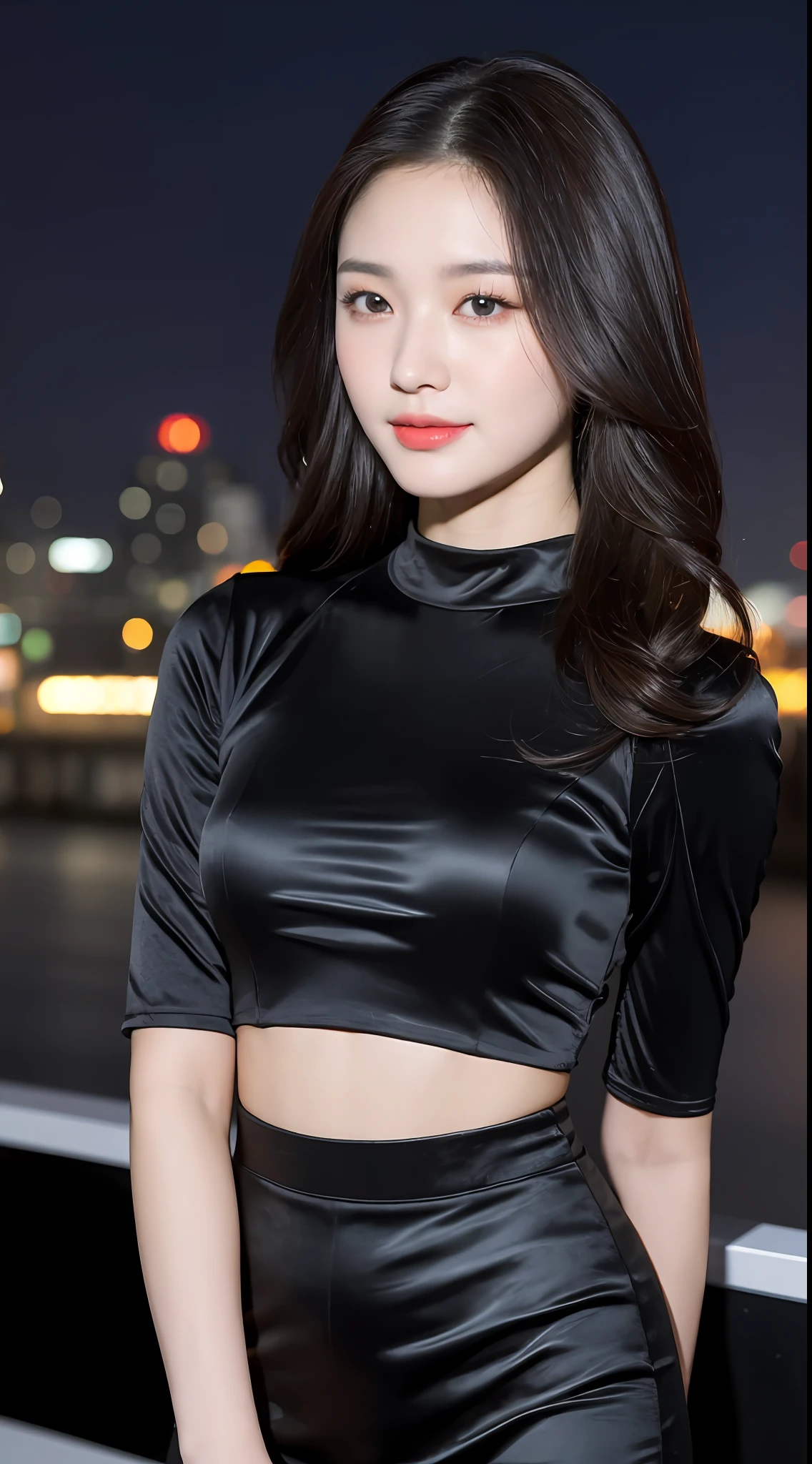 20 years old, pure beauty, danfeng eyes, double eyelids, lying silkworm, long eyelashes, black eyes, deep black hair, graceful body, showing slender waist, short skirt, face highlight, smile, look at me, bust photo, background, city night scene, Tyndall light, filter rendering, ultra-fine, HD, HD, HD picture quality, detail, 18k ultra-HD resolution, top effect, master work, bust photo.