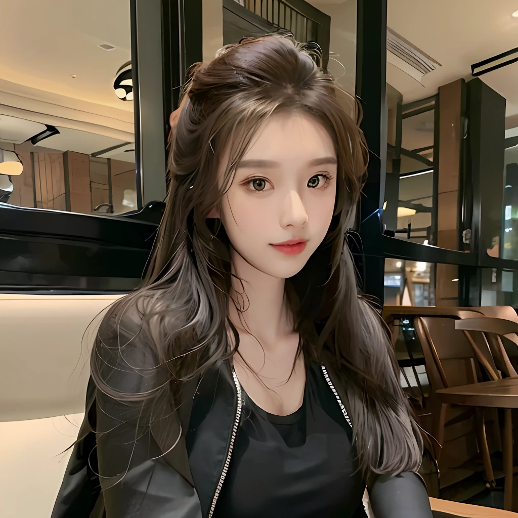 realistic, high resolution, 1 girl, long hair, korean,, tight black tanktop with a black jacket, short jeans, thighs, panties visible, big ass, sitting on a cafe chair, in a cafe