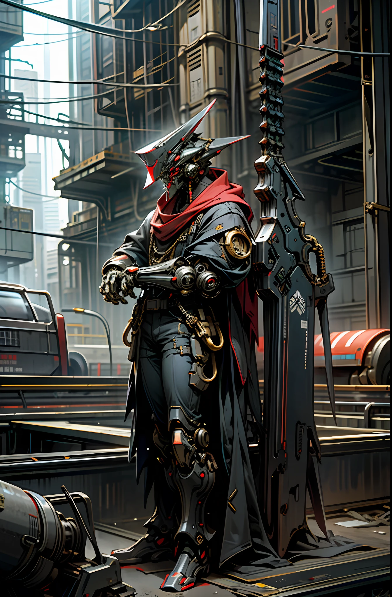 Dark_Fantasy,Cyberpunk,(chain weapon, chain man,Red:1.1),1man,Mechanical,Robotic presence,Cybernetic guardian, ruin of city background