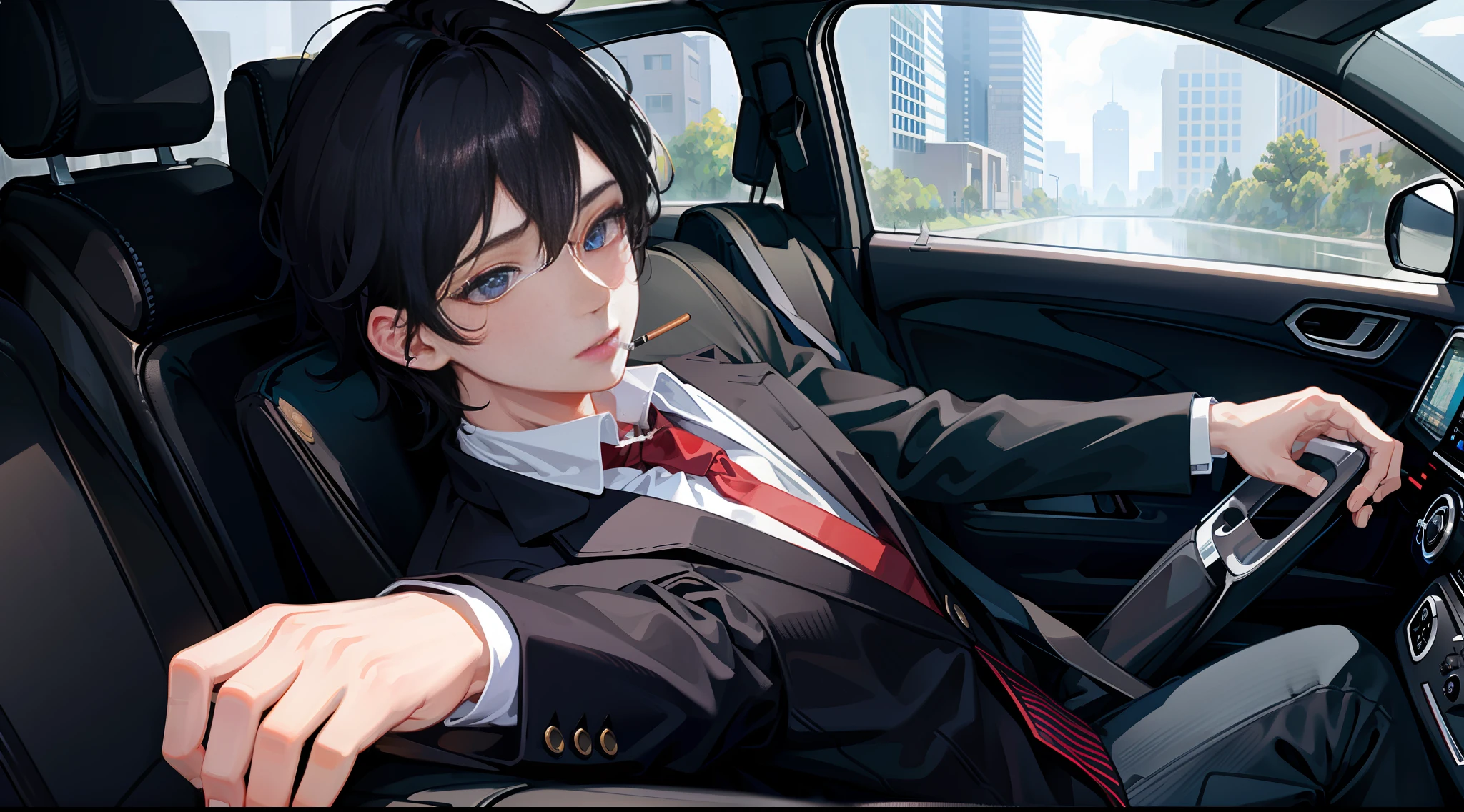 Masterpiece, best quality, super detailed, illustrations, beautiful details eyes, close-up, 1 boy, black suit, black pants, black hair, in the car, smoking, rainstorm weather