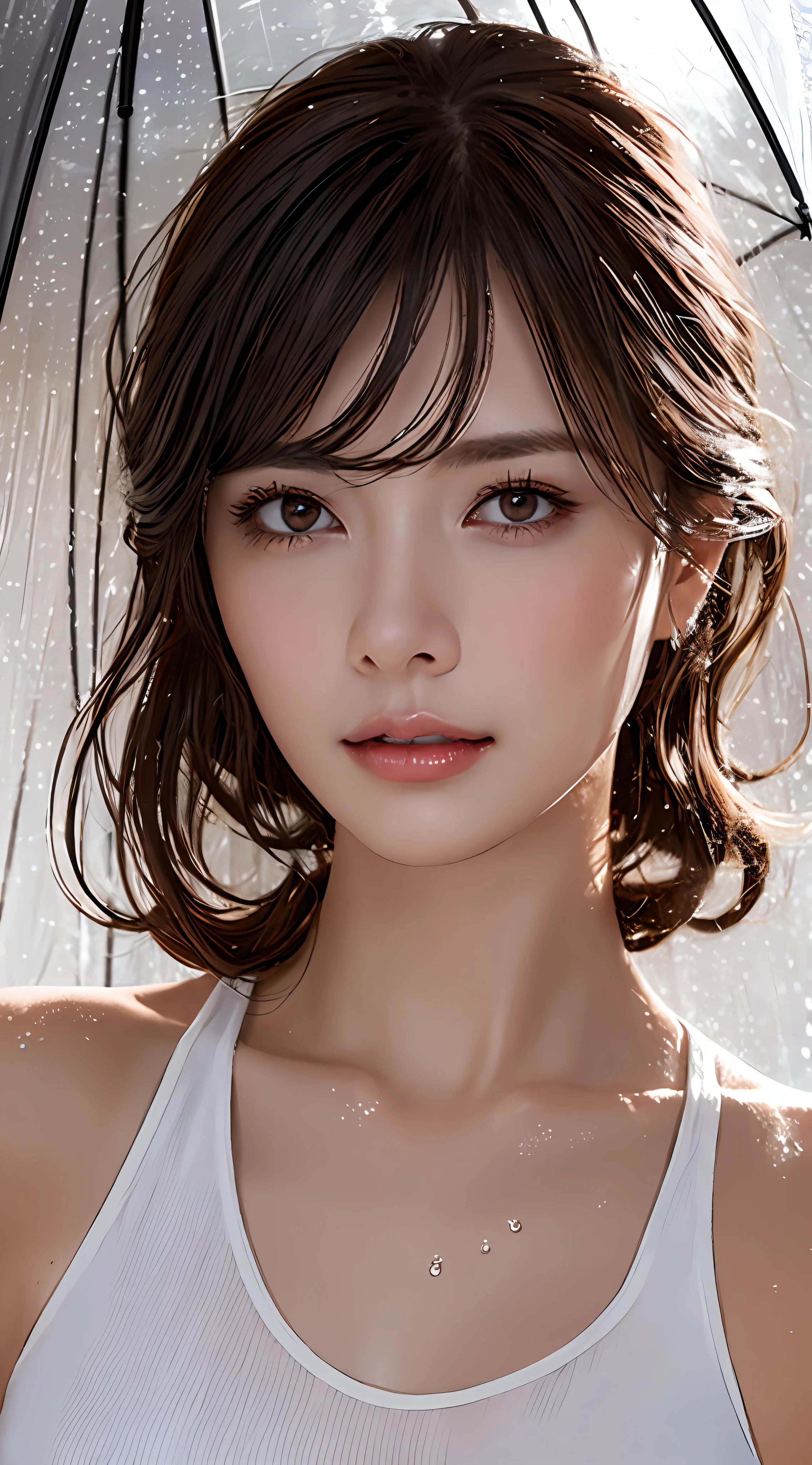 (Top Quality, 8k, Masterpiece: 1.3), Super Beauty, 3 Girls, Sexy: 1.10, Dark Brown Hair: 1.1, (Rain Wet, Rain Wet, Wet Body: 1.2), White Tank Top, Ultra Detailed Face, Detailed Lips, Detailed Eyes, Double Eyelids, Umbrella Remove