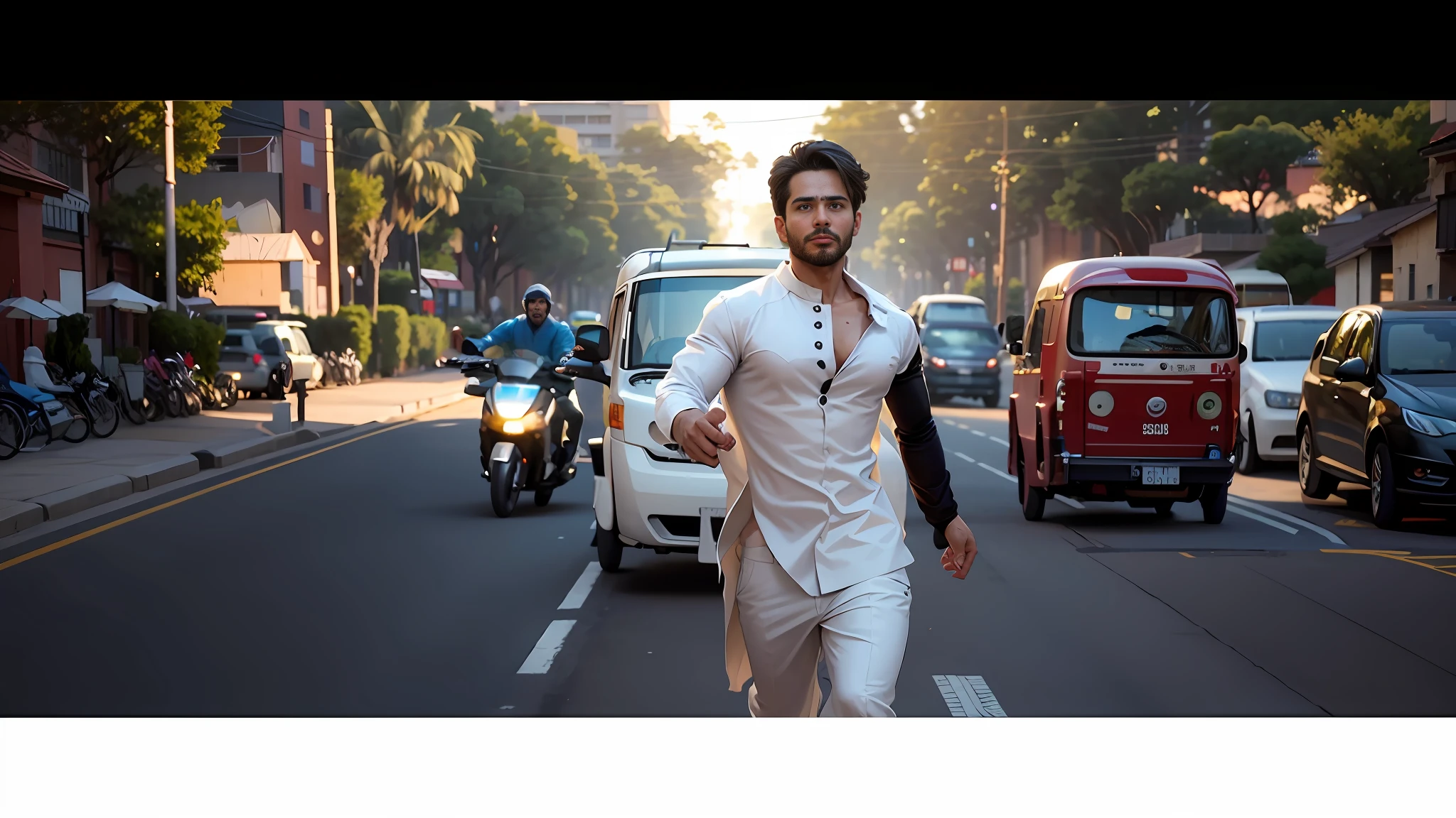 there is a man (Shahid Kapoor)walking down the street in a white outfit, movie action still frame, still from a terence malik film, chasing action scene, still from a movie, still frame from a movie, still shot from movie, screenshot from a movie, youtube video screenshot, tv commercial, still from movie, still from the movie, shot from movie, outrun style