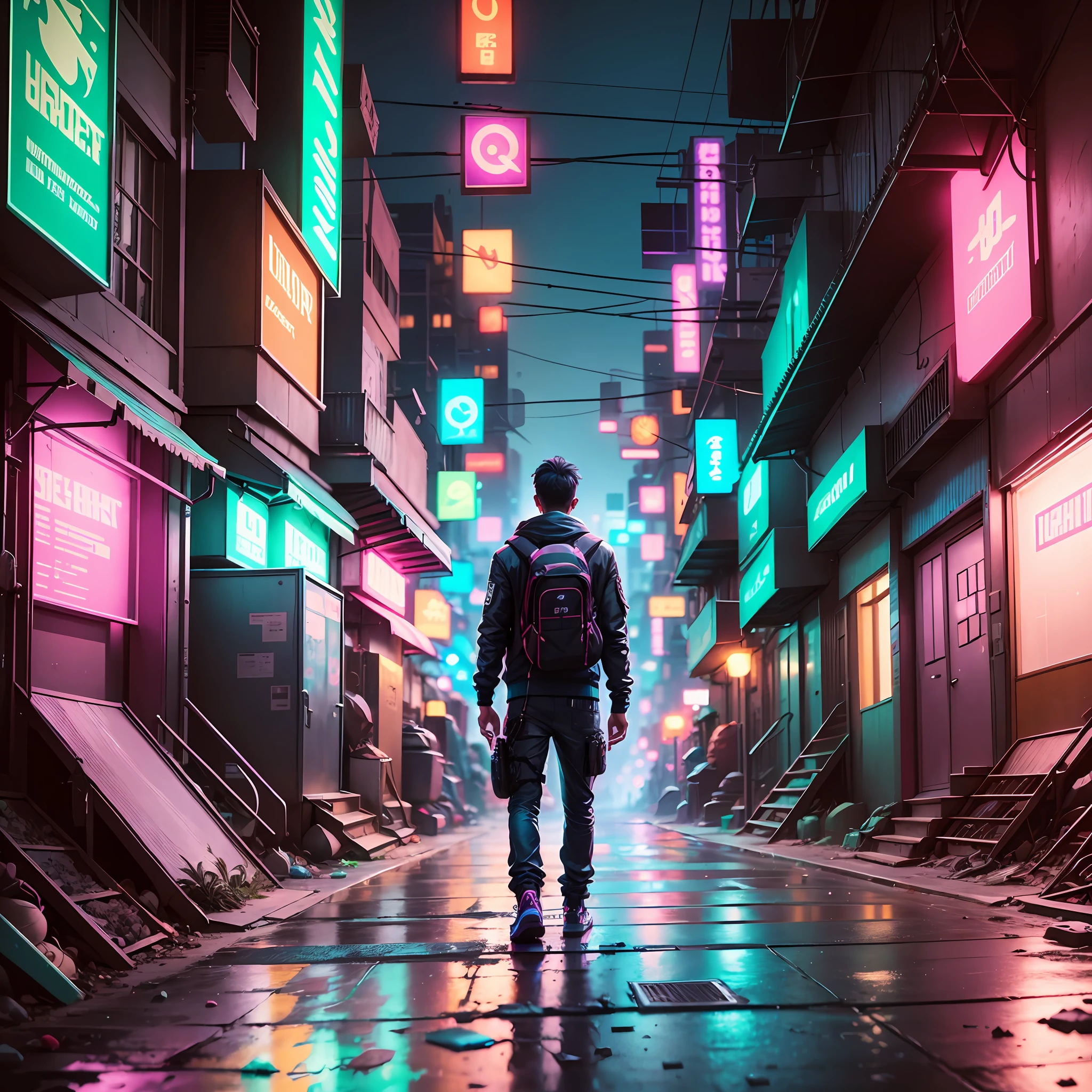 A man with a backpack standing in front of a neon city, in cyberpunk city, cyberpunk atmosphere, cyberpunk in cyberpunk city, there is cyberpunk style, more and more cyberpunk, in cyberpunk aesthetics, Beeple !!, style mixed mix, cyberpunk aesthetics, cyberpunk aesthetics, cyberpunk aesthetics, bipple style, cyberpunk bright colors, cyberpunk atmosphere, full body photo, center, (Very Detailed: 1.2), (Intricate Neon Slums in Background: 1.1), Ultra Detailed, (Soft Light: 1.2), High Resolution, Cinematic Grain.
Information --auto --s2