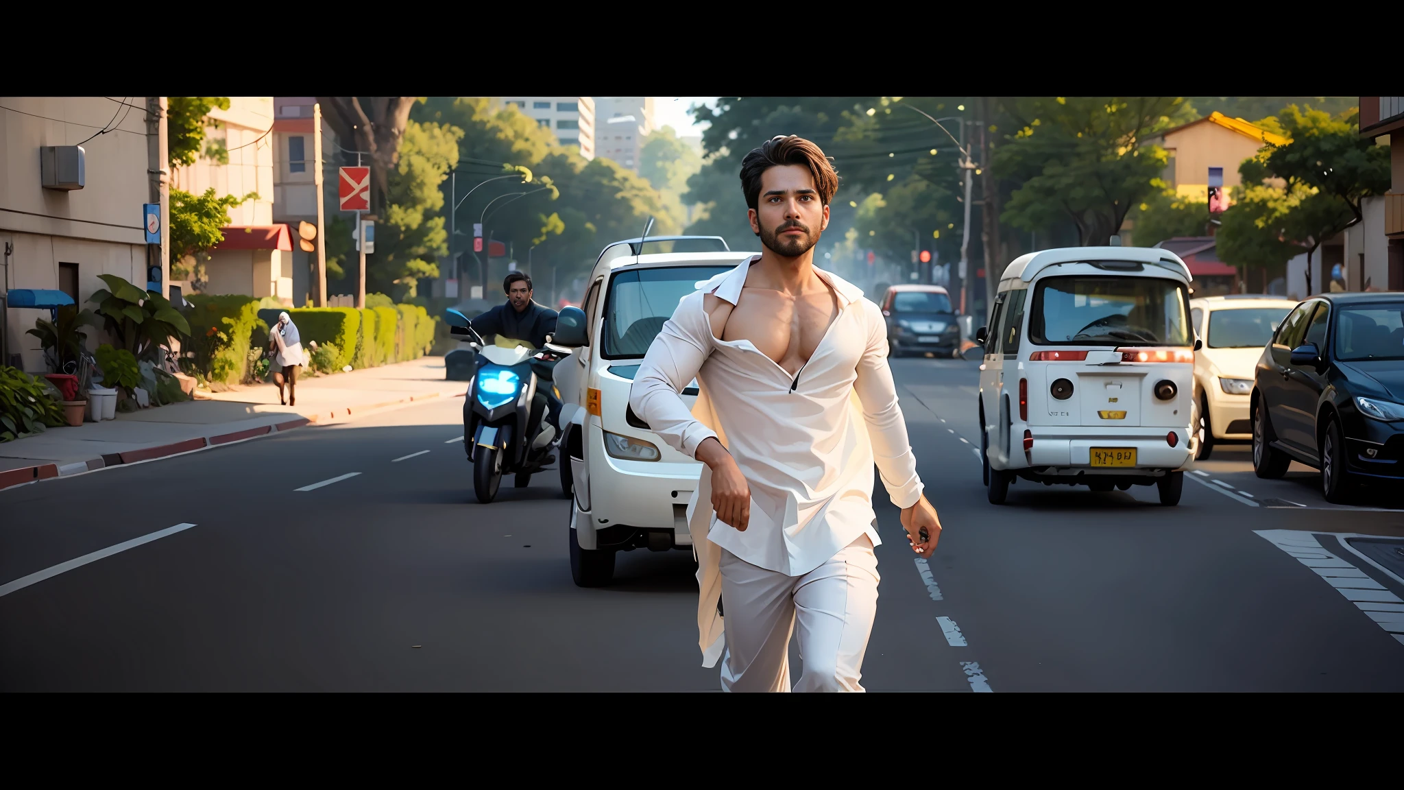 there is a man (Shahid Kapoor)walking down the street in a white outfit, movie action still frame, still from a terence malik film, chasing action scene, still from a movie, still frame from a movie, still shot from movie, screenshot from a movie, youtube video screenshot, tv commercial, still from movie, still from the movie, shot from movie, outrun style