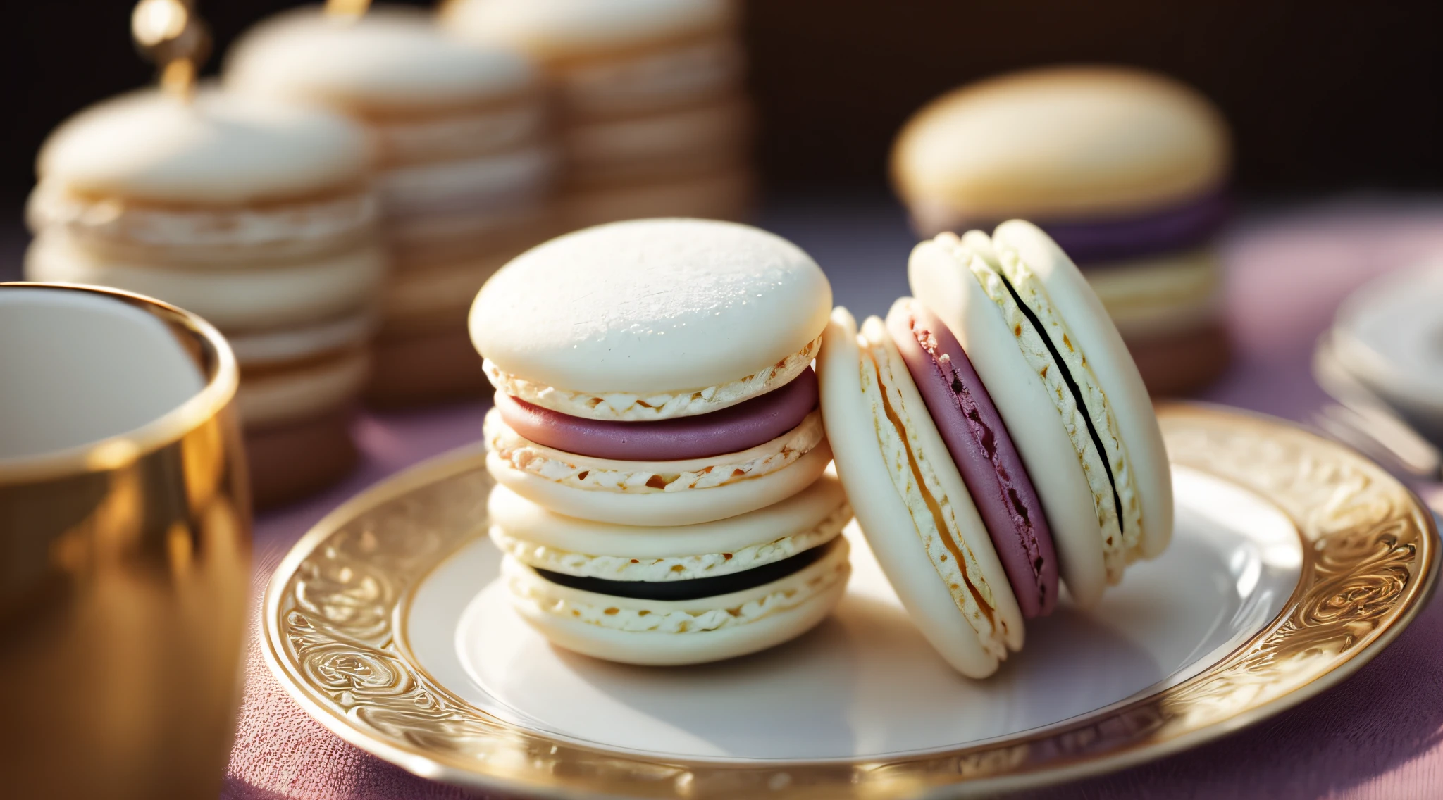 Macaron close-up Food close-up Macaron on white table by artgerm, by Liang Xing, by WLOP embellish2 Phtography, HDR RAW photo, 8K, highres, absurdres, Kodak Portra 400, grain film Bokeh, lens flare, vibrant color blurry background (best quality) masterpiece photorealistic photography, (low-key photo: 1.2), detail, 8K vivid colors