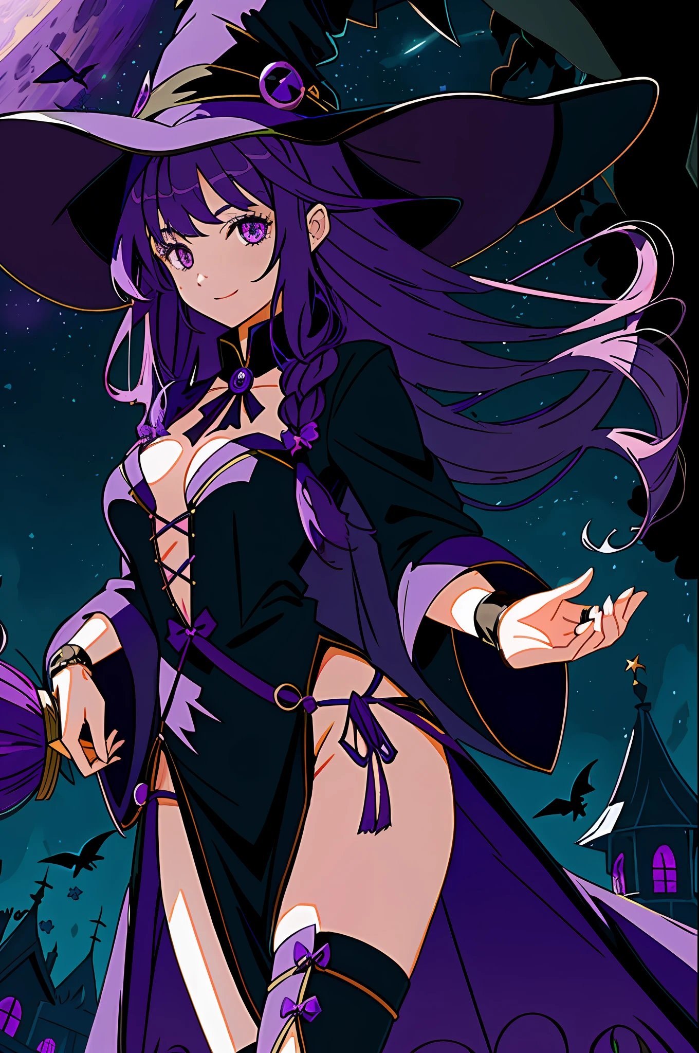1 girl, long purple hair, witch hat, witch costume, purple eyes, happy, magic array