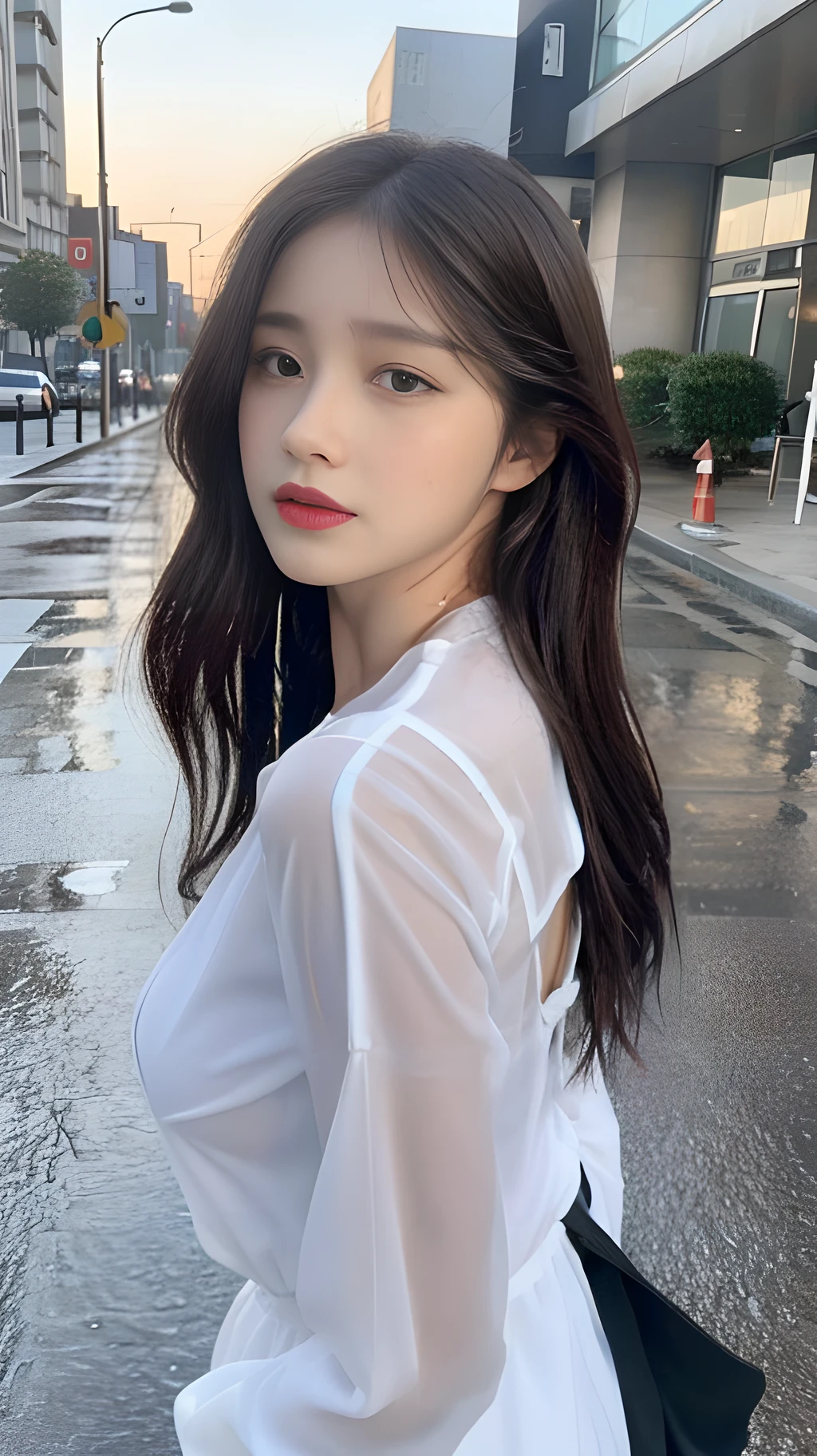 ((Best Quality, 8K, Masterpiece:1.3)), Focus:1.2, Perfect Body Beauty:1.4, Buttocks:1.2, (Layered Haircut, Normal Breasts - Less Exposed: 1.2)), (Wet Clothes:1.1) , (Rain, Street:1.3), Dresses: 1.1, Highly Detailed Face and Skin Texture, Delicate Eyes, Double Eyelids, Whitened Skin, Long Hair, (Shut Up: 1.3)
