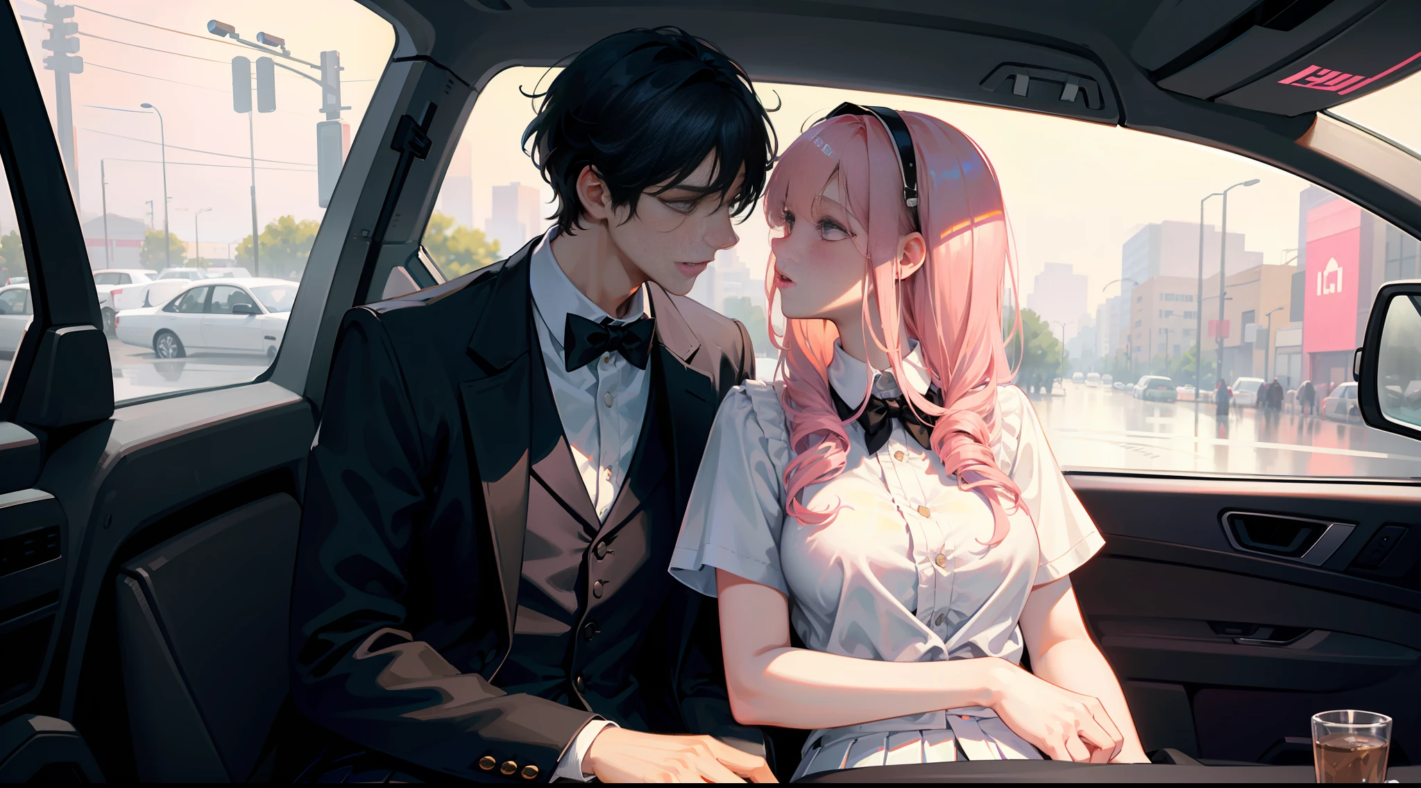Masterpiece, best quality, super detailed, illustration, beautiful detailed eyes, close up, with a boy and a girl. It is pink hair, white pleated shirt, cracked clothing buttons, leaking cleavage, breast art, skirt. The boy is black hair, black suit, black pants. Boys and girls kissing in car, heavy rain weather