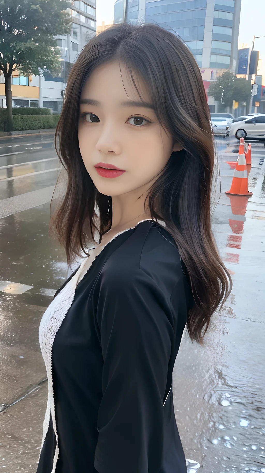 ((Best Quality, 8K, Masterpiece:1.3)), Focus:1.2, Perfect Body Beauty:1.4, Buttocks:1.2, (Layered Haircut, Normal Breasts - Less Exposed: 1.2)), (Wet Clothes:1.1) , (Rain, Street:1.3), Dresses: 1.1, Highly Detailed Face and Skin Texture, Delicate Eyes, Double Eyelids, Whitened Skin, Long Hair, (Shut Up: 1.3)