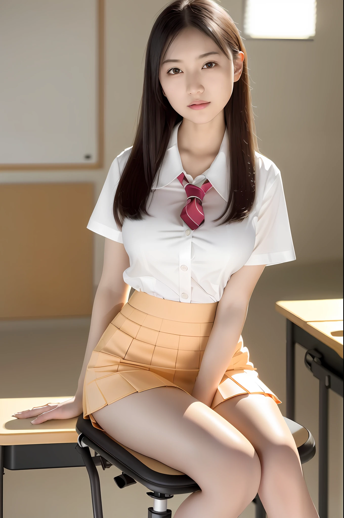 (64k, masterpiece:1.21), (best quality:1.21), (an extremely delicate and beautiful), ((Hasselblad photography)), (realistic, photo-realistic:1.3),(UHD), high res,HDR, cinematic lighting, highly detailed, highly detailed background, perspective, bokeh, depth of field, ray tracing, professional,RAW photo, subsurface scattering, PBR texturing, post-processing, anisotropic filtering, maximum clarity and sharpness, multi-layered textures, albedo and specular maps, surface shading, accurate simulation of light-material interaction, perfect proportions, two-tone lighting, wide aperture, low ISO, white balance, rule of thirds, dynamic segmentation, best composition, best story expression, best visual expression, trending on instagram, (vivid color:1.31), analog, (schooluniform girl:1.2), mini skirt, 1girl 18 years old She sitting on chair puts her hands behind her back and opens her legs , black hair, (big breasts:1.2), slim waist, classroom,