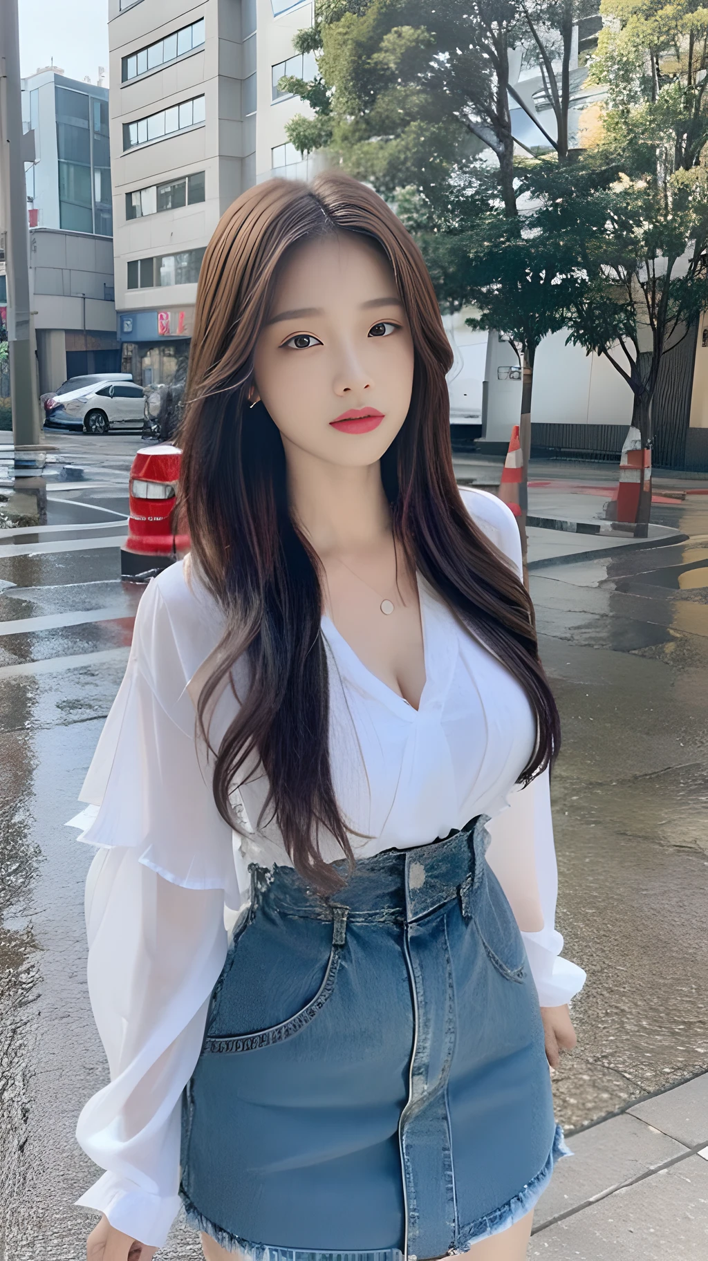 ((Best Quality, 8K, Masterpiece:1.3)), Focus:1.2, Perfect Body Beauty:1.4, Buttocks:1.2, (Layered Haircut, Normal Breasts - Less Exposed: 1.2)), (Wet Clothes:1.1) , (Rain, Street:1.3), Dresses: 1.1, Highly Detailed Face and Skin Texture, Delicate Eyes, Double Eyelids, Whitened Skin, Long Hair, (Shut Up: 1.3)