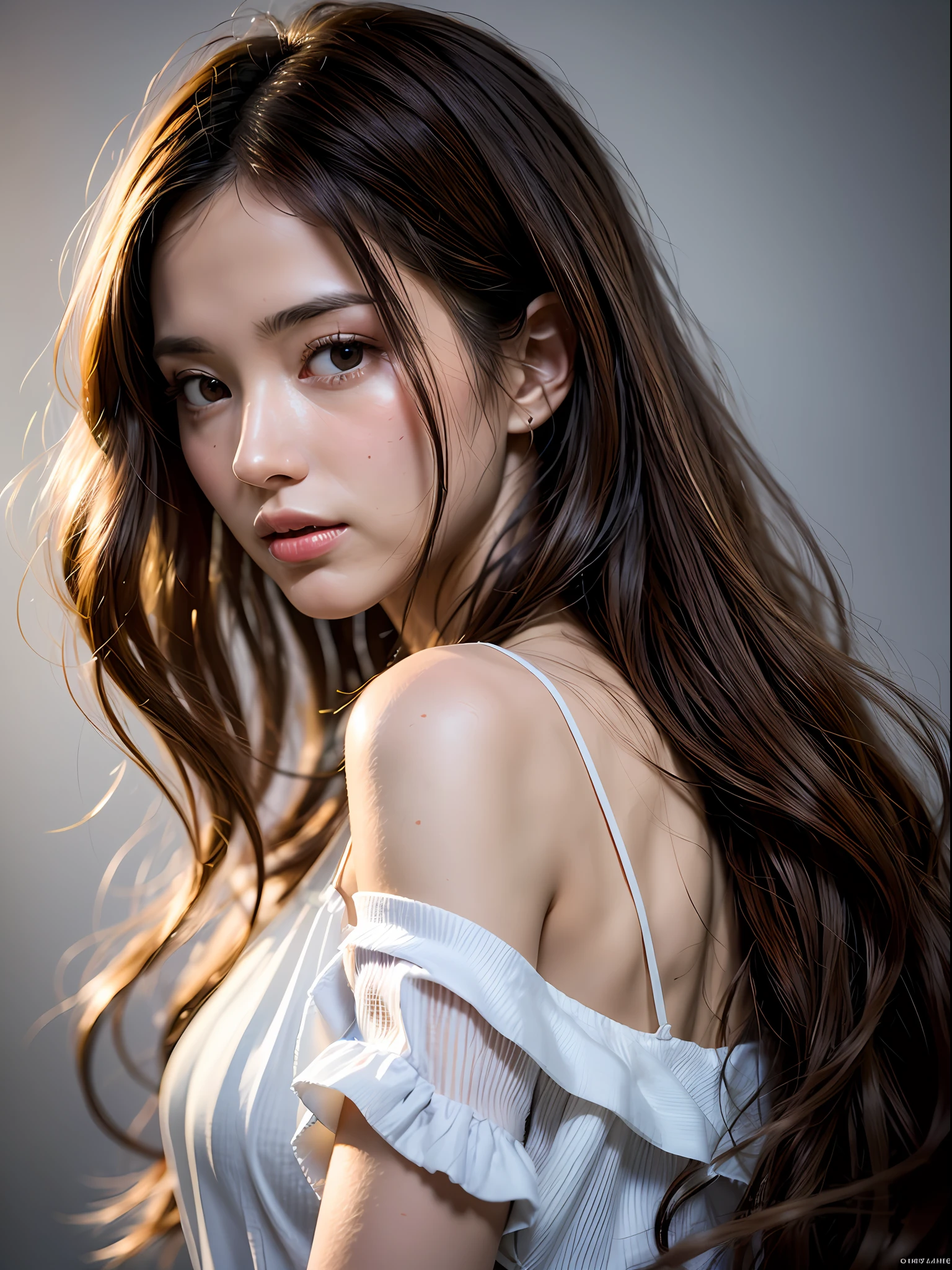 depth of field, lifelike, realistic, super detailed, beautiful, slender, cute, 30s, beautiful features, actress, mature, upper body, bright brown hair, thin hair, small face, live-action, highest quality, very elaborate CG Unity 8K wallpaper, ultra high resolution, natural fashion, lighting, medium hair, (puffy eyes), model figure, light on hair, turn around pose, Ash brown hair, model pose, studio shoot, white background, delicate skin tone, light wavy hair close to straight hair, hands around the mouth, adult clothes, hair model shoot, hair fluttering in the wind, transparent hair, elaborate hair fineness, soft hair, fine skin, bright photo, less hair, angle of pull, professional lighting, realistic light, realistic shadow, natural light, soft light, Sheer hair
