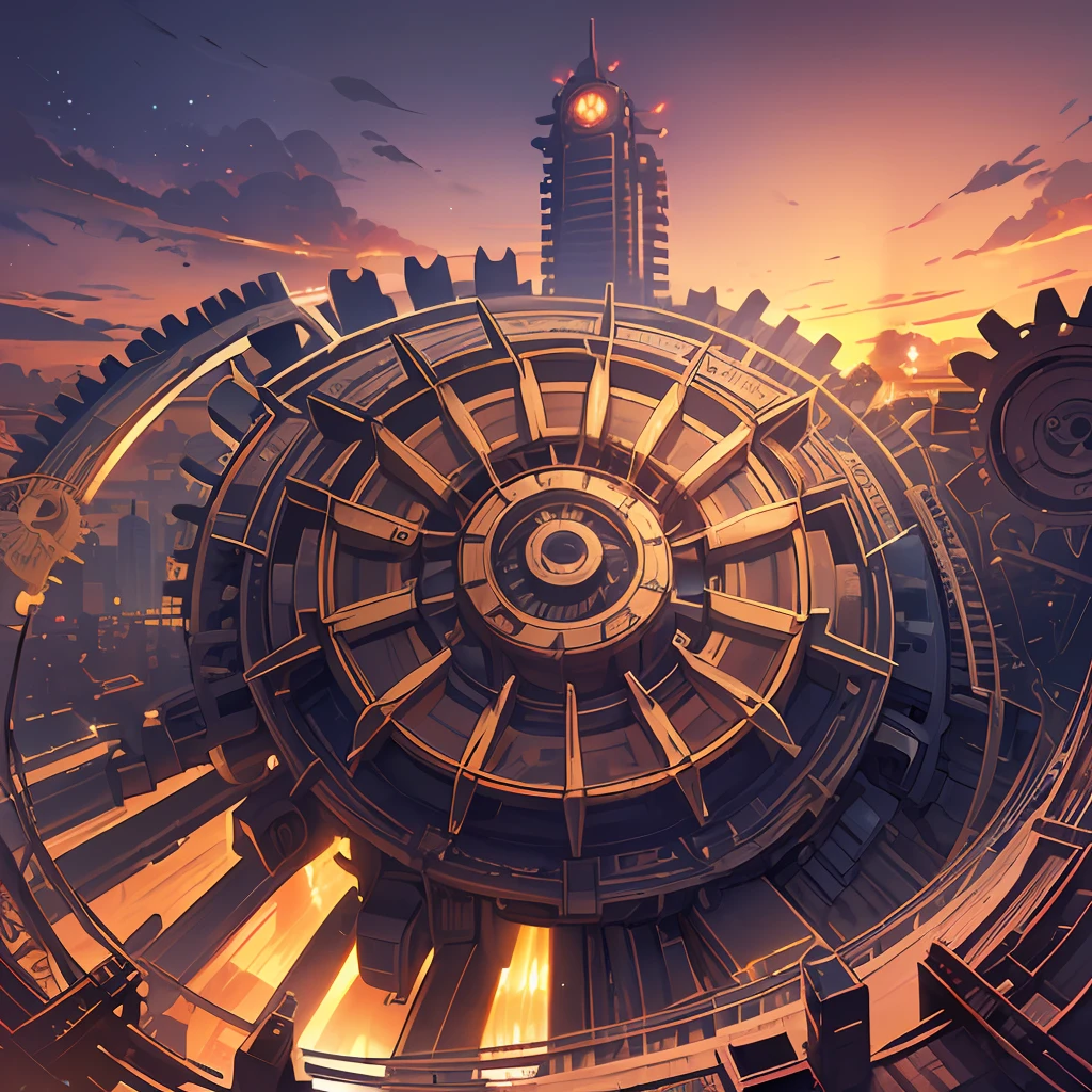 (masterpiece, best quality, ultra-detailed CG unity 8k wallpaper) steampunk, sunset skyline of pipes and gears, giant metal flower, explosive colourful steam, glowing edges, aesthetic, futuristic, mechanical, feeling of depth, floating. --auto --s2