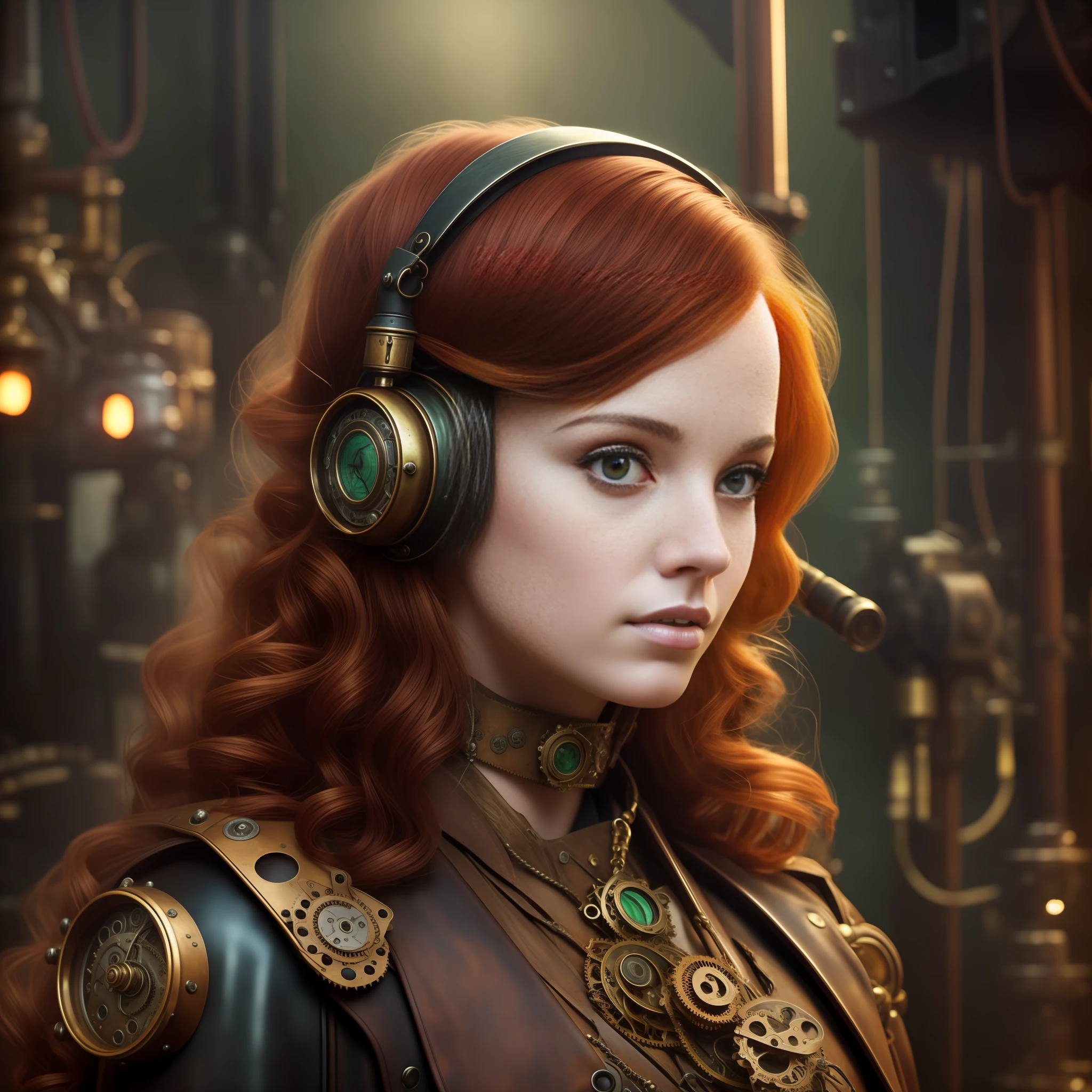 hyper photorealism, high contrast photograph, street photography, (a 19 yo girl, (Ana de Armas:0.45), (redhead:1.1)), cute, (perfect eyes:1.1), photorealistic wavy hair, looking down at her own hand, steampunk jumpsuit, intercom headset, steampunk choker, long leather boots, perfect detailed face, detailed symmetric green eyes with circular iris, fixing a steam engine in the steampunk garage filled with steam and smoke, intricate, hdr, intricate details, detailed, cinematic, cogs and gears, steamy background with lots of steam pipes and steam valves and pressure gauges and gears, realistic, stunning realistic photograph, 3d render, octane render, cinematic, Isometric, Centered, hyperealistic cover photo, awesome full color, 12k, high definition, portrait featured on unsplash, smooth, ultra high definition, 8k, ultra sharp focus, intricate artwork, masterpiece, ominous, epic, highly detailed, warm cinematic, a girl in a light gray uniform sitting on a machine, young girl in steampunk clothes, in a steampunk laboratory, steampunk inventor girl, in a steampunk world, woman in a dark factory, steampunk fantasy style, steampunk , steampunk aesthetic