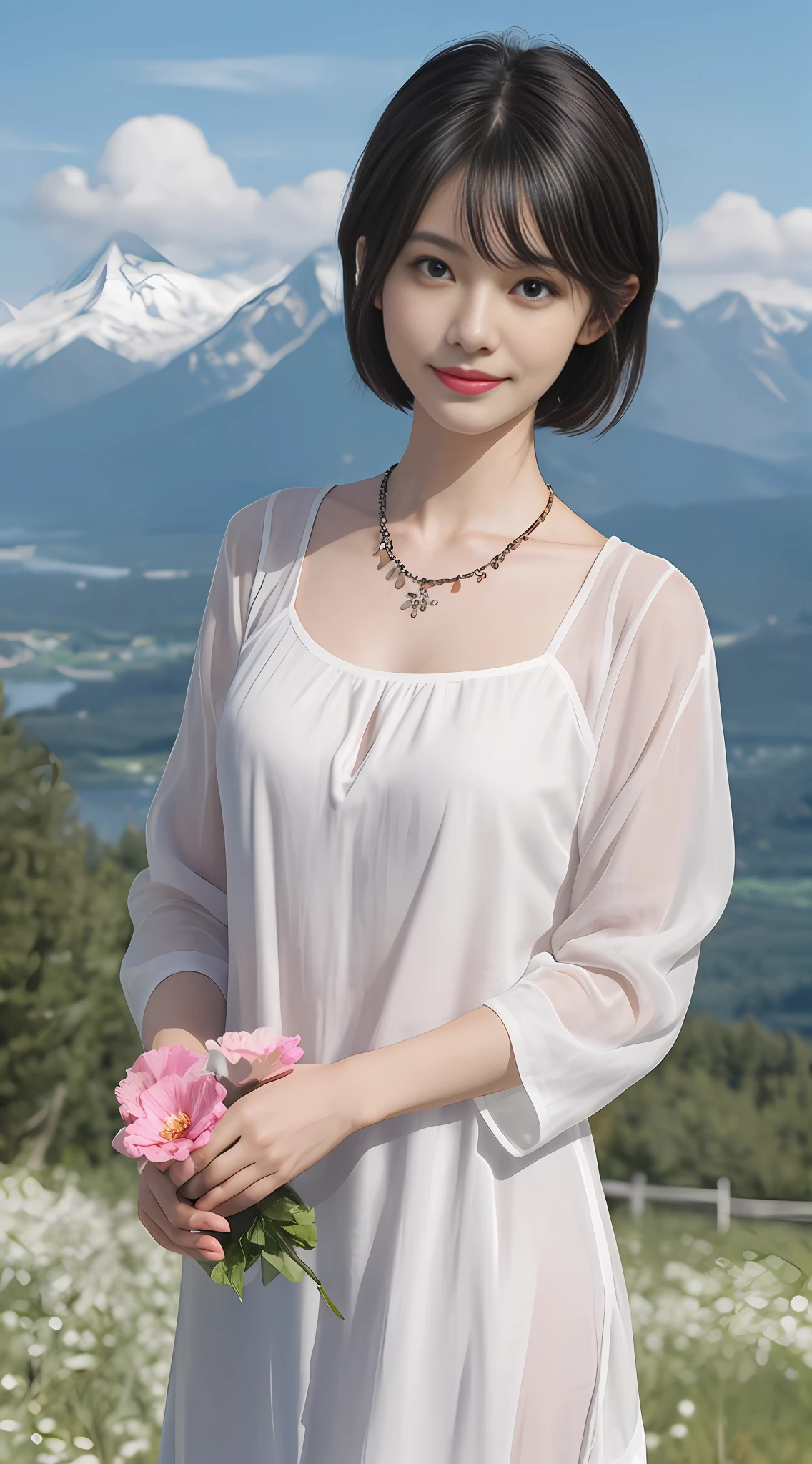 (realistic,painting_style,)mature, 1 girl, solo, amelia watson, chinese girl, virtual youtuber, blonde, blue eyes, necklace, flower, short hair, realistic eyes, head tilt, smug, looking_at_viewer, sky, mountain, outdoors, clouds, bangs, upper body, pink flower, collarbone, white transparent tunic, parted lips, lips, lace decoration, smile, black necklace, mountain horizon, Cloudy sky, standing, holding_flowers