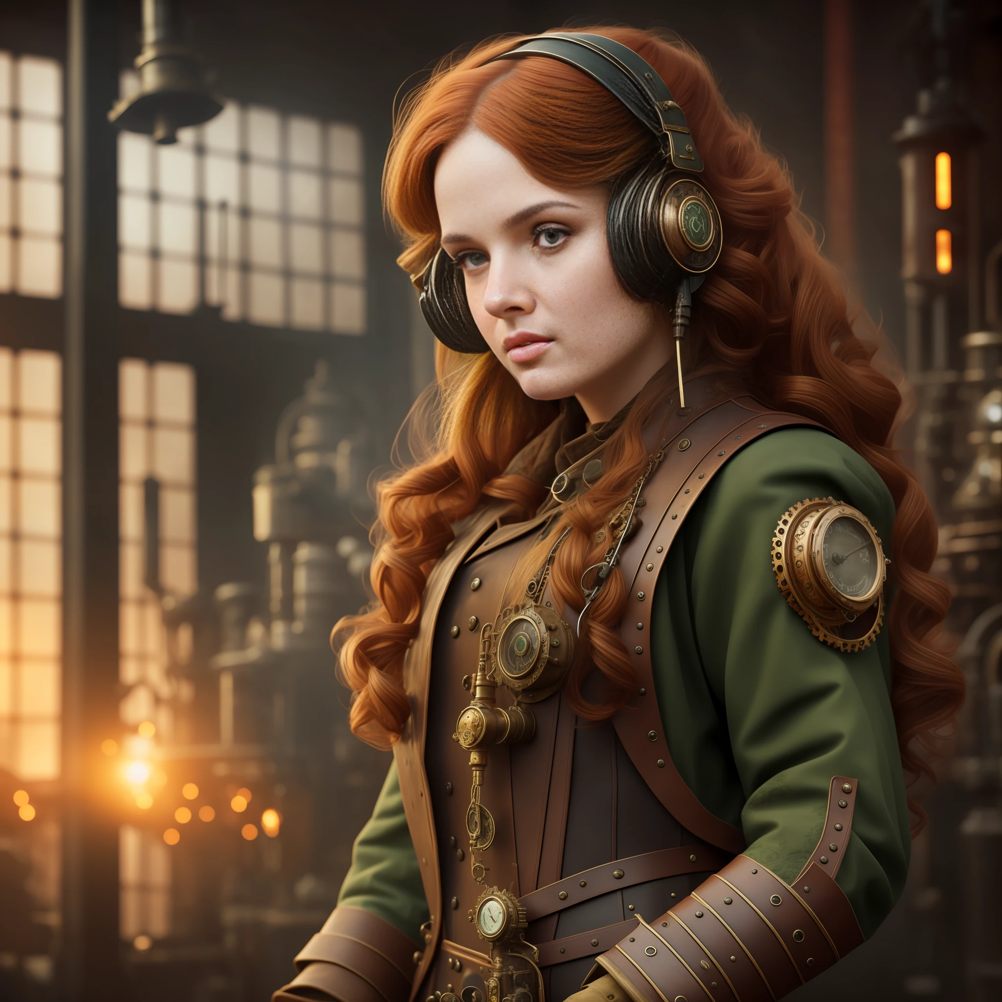 hyper photorealism, high contrast photograph, street photography, (a 19 yo girl, (Ana de Armas:0.45), (redhead:1.1)), cute, (perfect eyes:1.1), photorealistic wavy hair, looking down at her own hand, steampunk jumpsuit, intercom headset, steampunk choker, long leather boots, perfect detailed face, detailed symmetric green eyes with circular iris, fixing a steam engine in the steampunk garage filled with steam and smoke, intricate, hdr, intricate details, detailed, cinematic, cogs and gears, steamy background with lots of steam pipes and steam valves and pressure gauges and gears, realistic, stunning realistic photograph, 3d render, octane render, cinematic, Isometric, Centered, hyperealistic cover photo, awesome full color, 12k, high definition, portrait featured on unsplash, smooth, ultra high definition, 8k, ultra sharp focus, intricate artwork, masterpiece, ominous, epic, highly detailed, warm cinematic, a girl in a light gray uniform sitting on a machine, young girl in steampunk clothes, in a steampunk laboratory, steampunk inventor girl, in a steampunk world, woman in a dark factory, steampunk fantasy style, steampunk , steampunk aesthetic