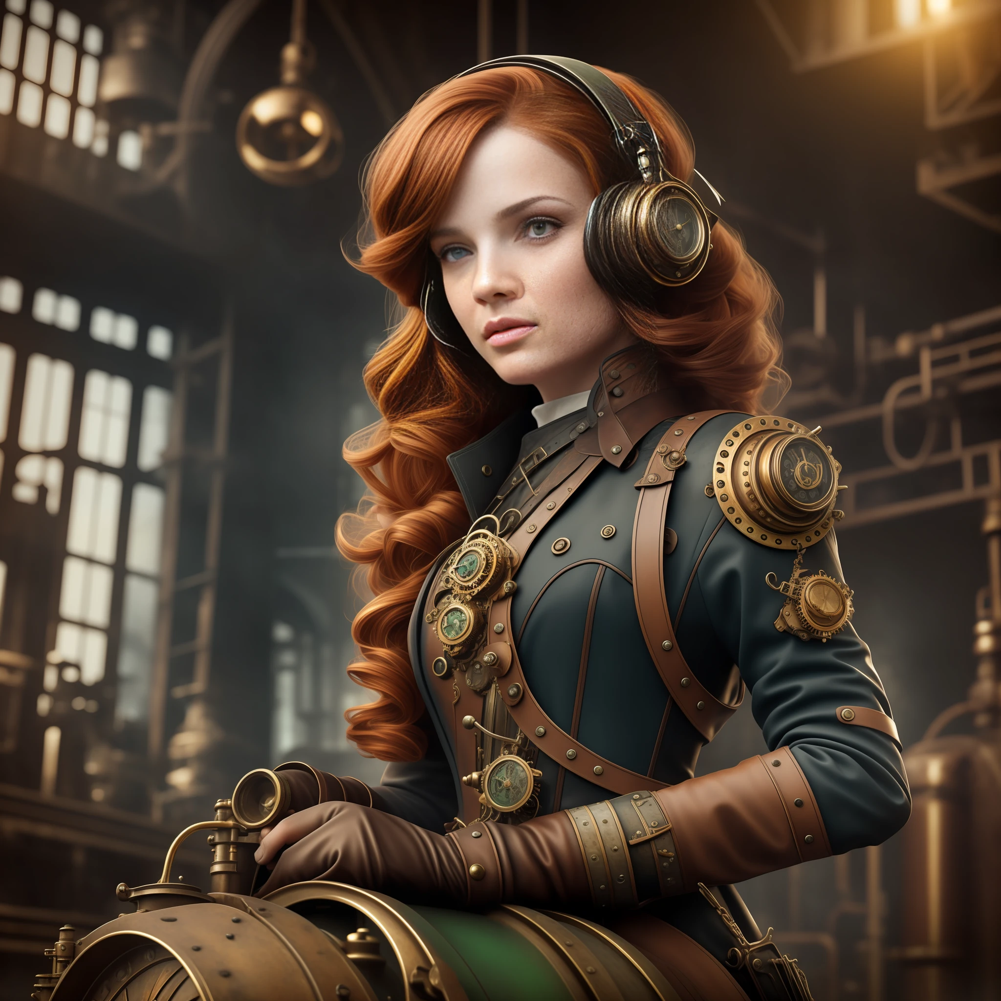 hyper photorealism, high contrast photograph, street photography, (a 19 yo girl, (Ana de Armas:0.45), (redhead:1.1)), cute, (perfect eyes:1.1), photorealistic wavy hair, looking down at her own hand, steampunk jumpsuit, intercom headset, steampunk choker, long leather boots, perfect detailed face, detailed symmetric green eyes with circular iris, fixing a steam engine in the steampunk garage filled with steam and smoke, intricate, hdr, intricate details, detailed, cinematic, cogs and gears, steamy background with lots of steam pipes and steam valves and pressure gauges and gears, realistic, stunning realistic photograph, 3d render, octane render, cinematic, Isometric, Centered, hyperealistic cover photo, awesome full color, 12k, high definition, portrait featured on unsplash, smooth, ultra high definition, 8k, ultra sharp focus, intricate artwork, masterpiece, ominous, epic, highly detailed, warm cinematic, a girl in a light gray uniform sitting on a machine, young girl in steampunk clothes, in a steampunk laboratory, steampunk inventor girl, in a steampunk world, woman in a dark factory, steampunk fantasy style, steampunk , steampunk aesthetic