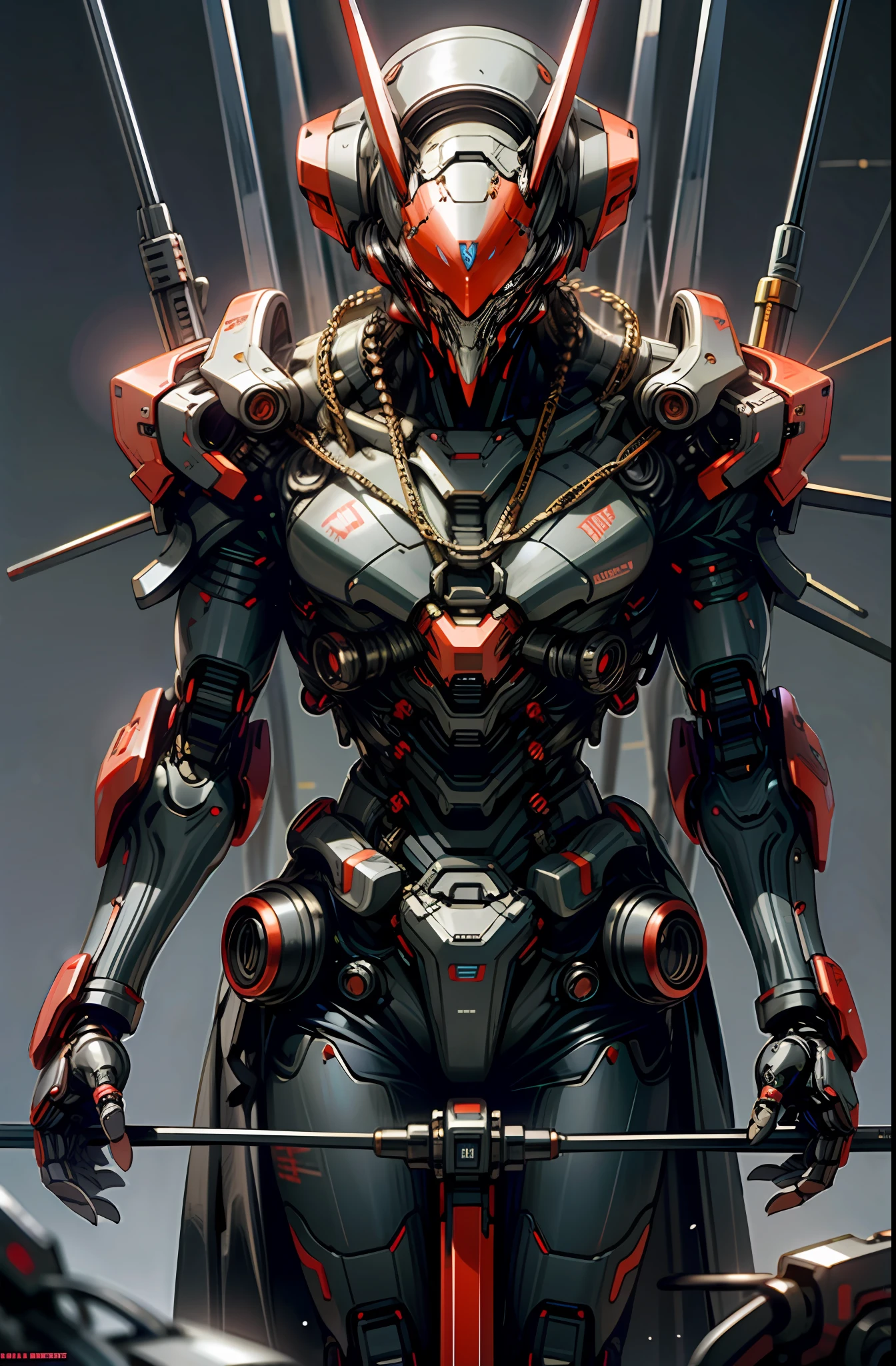 Dark_Fantasy,Cyberpunk,(chain weapon, chain man,Red:1.1),1man,Mechanical,Robotic presence,Cybernetic guardian, dessert background