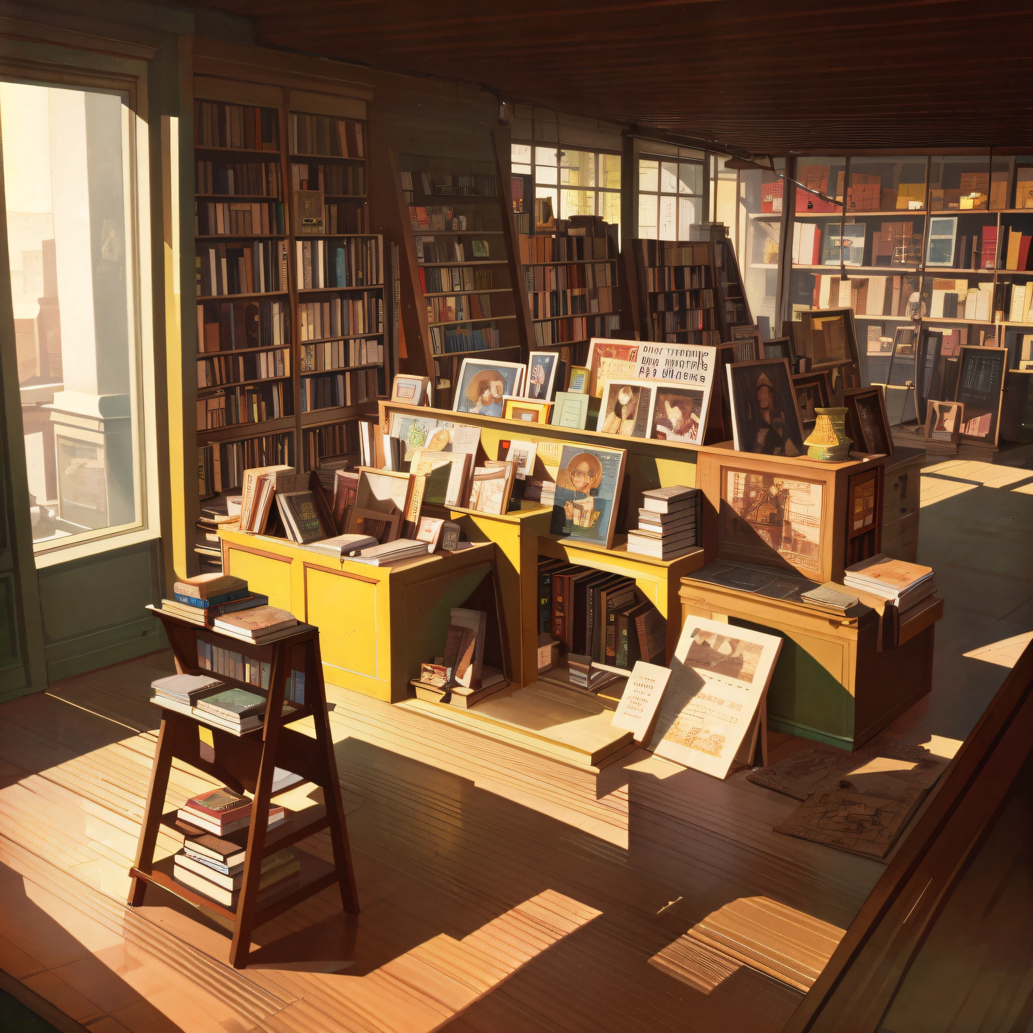 indoors, vintage, book_store, retro, 1984, interior, idyllic, sublime, absurdres, hyper-realism, textured, maximum_detail, dslr